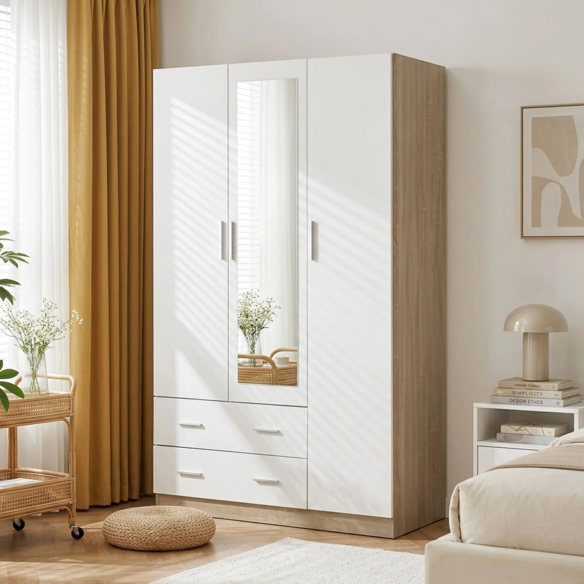 Bram 3 Door Wardrobe Cabinet with Mirror - Oak + White