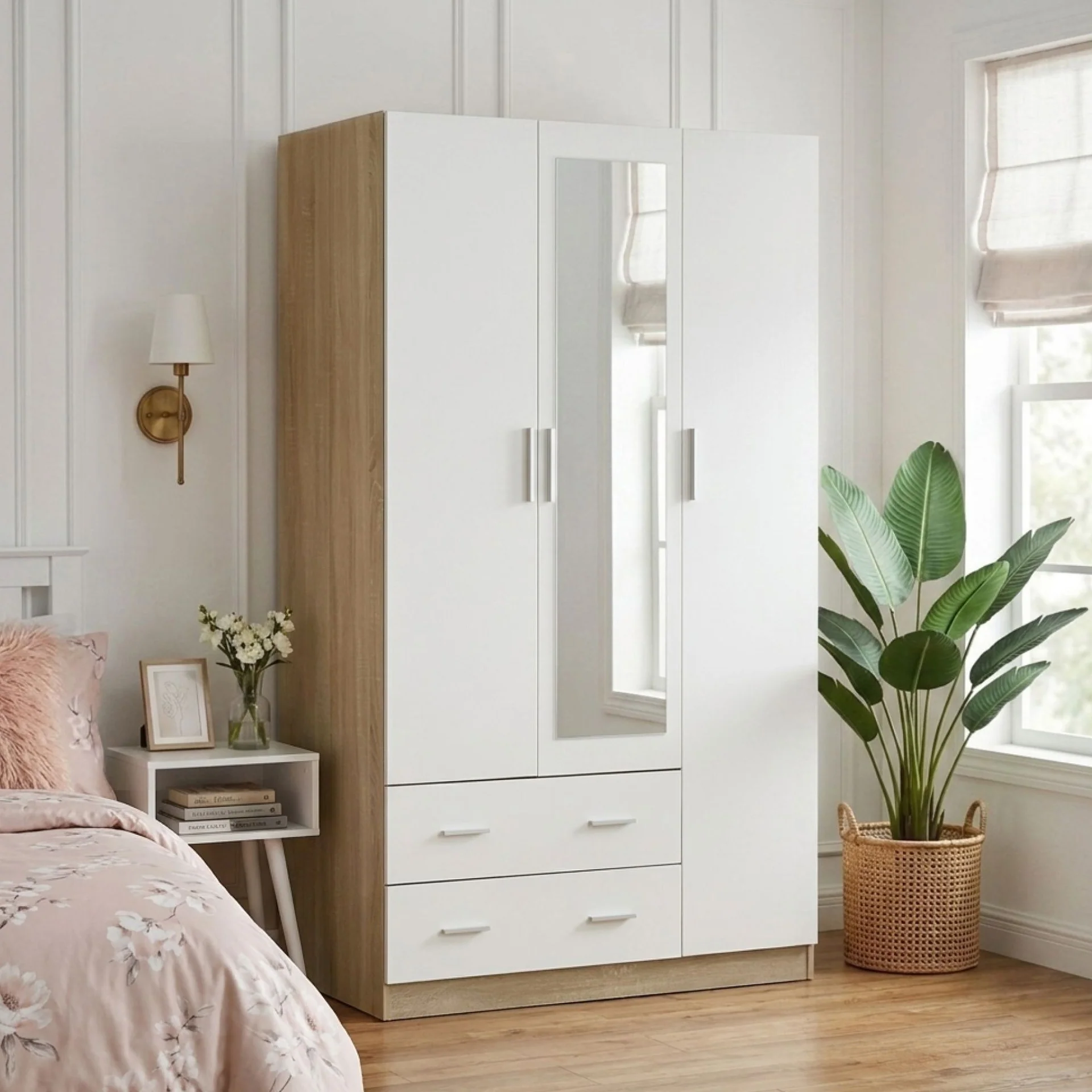 Bram 3 Door Wardrobe Cabinet with Mirror - Oak + White - Image 4