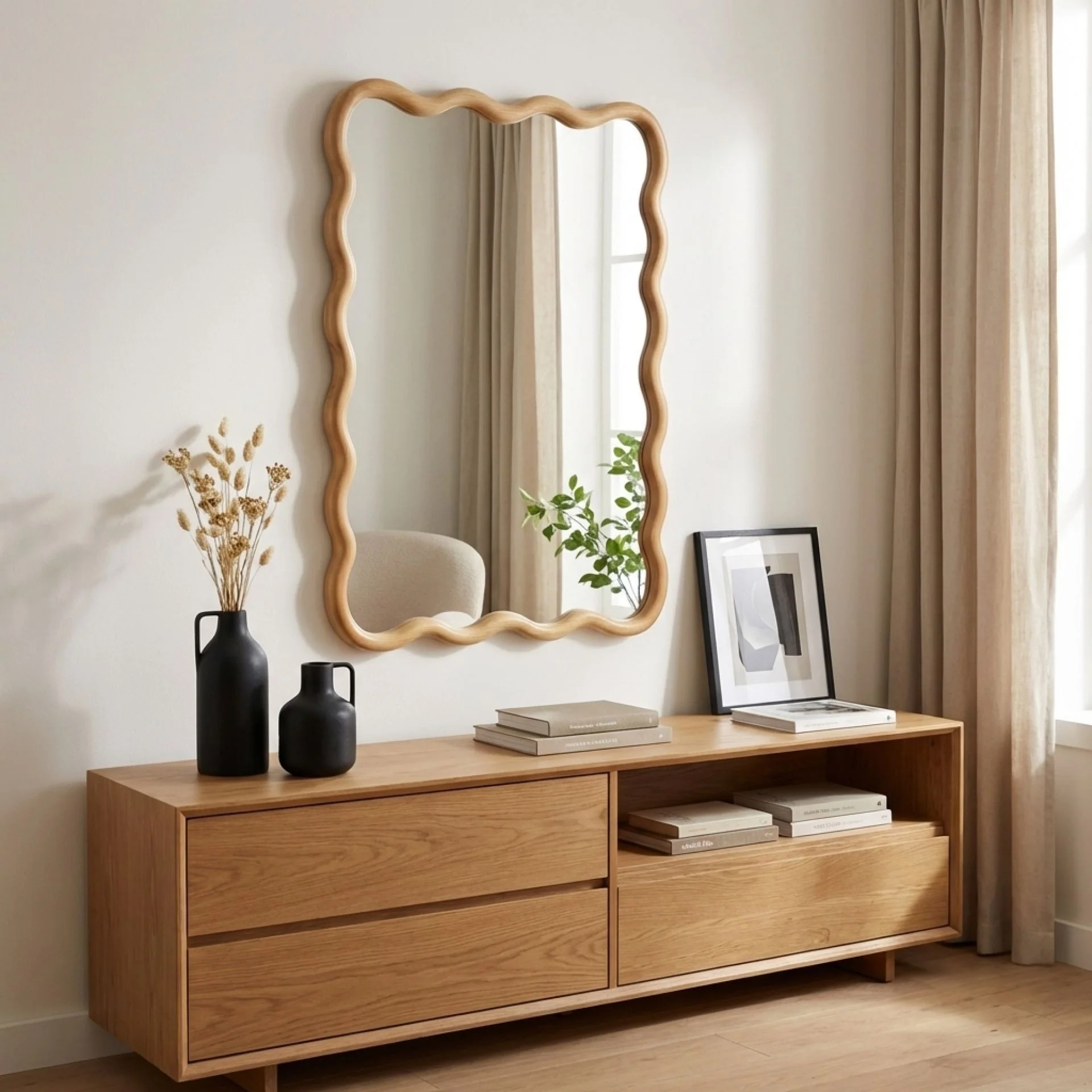 Ripple Wavy Wooden Wall Mirror 91CM - Warm Walnut - Image 12