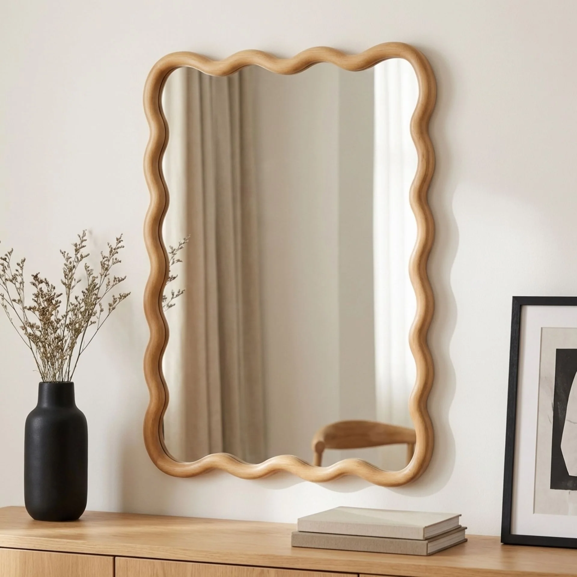 Ripple Wavy Wooden Wall Mirror 91CM - Warm Walnut - Image 2