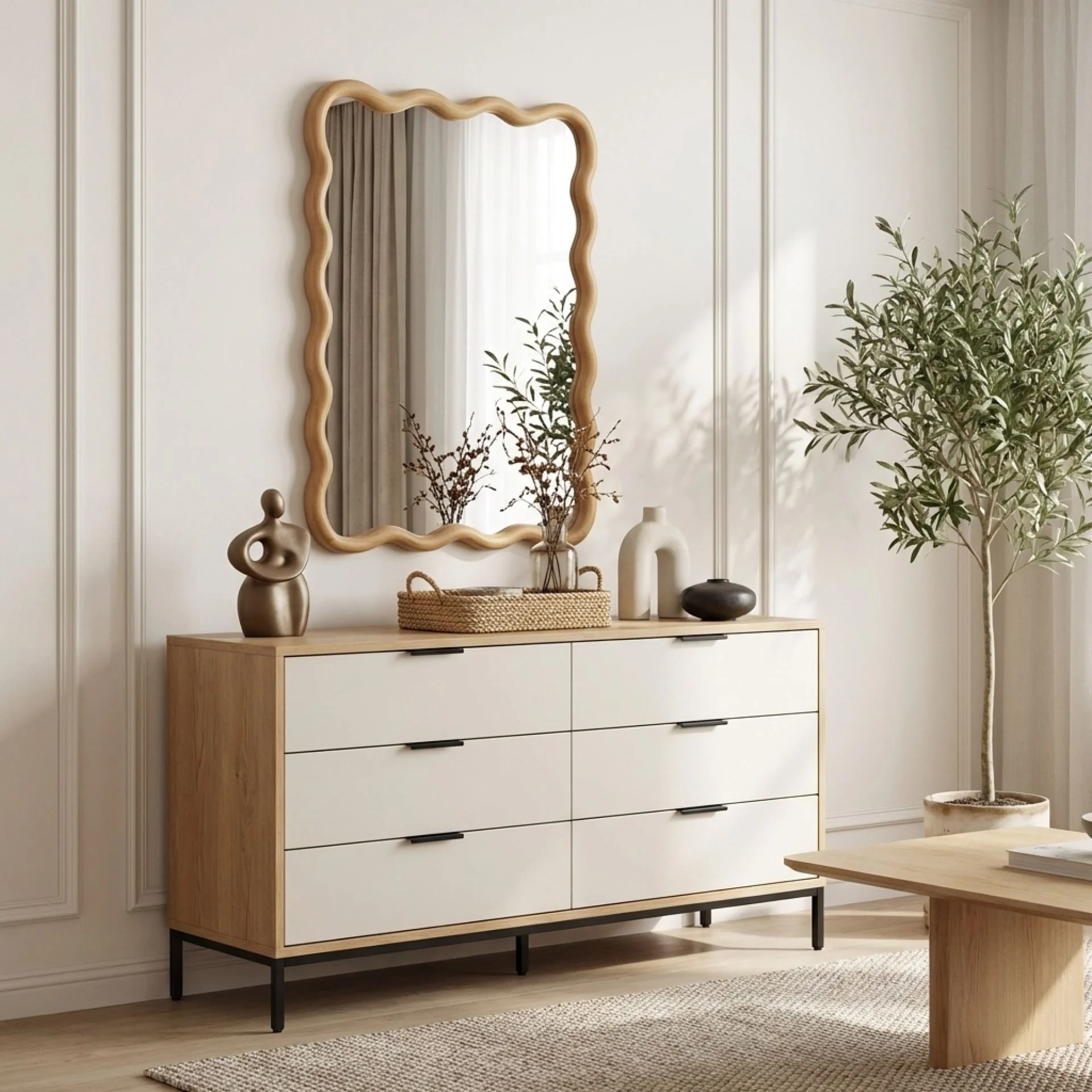 Ripple Wavy Wooden Wall Mirror 91CM - Warm Walnut - Image 6