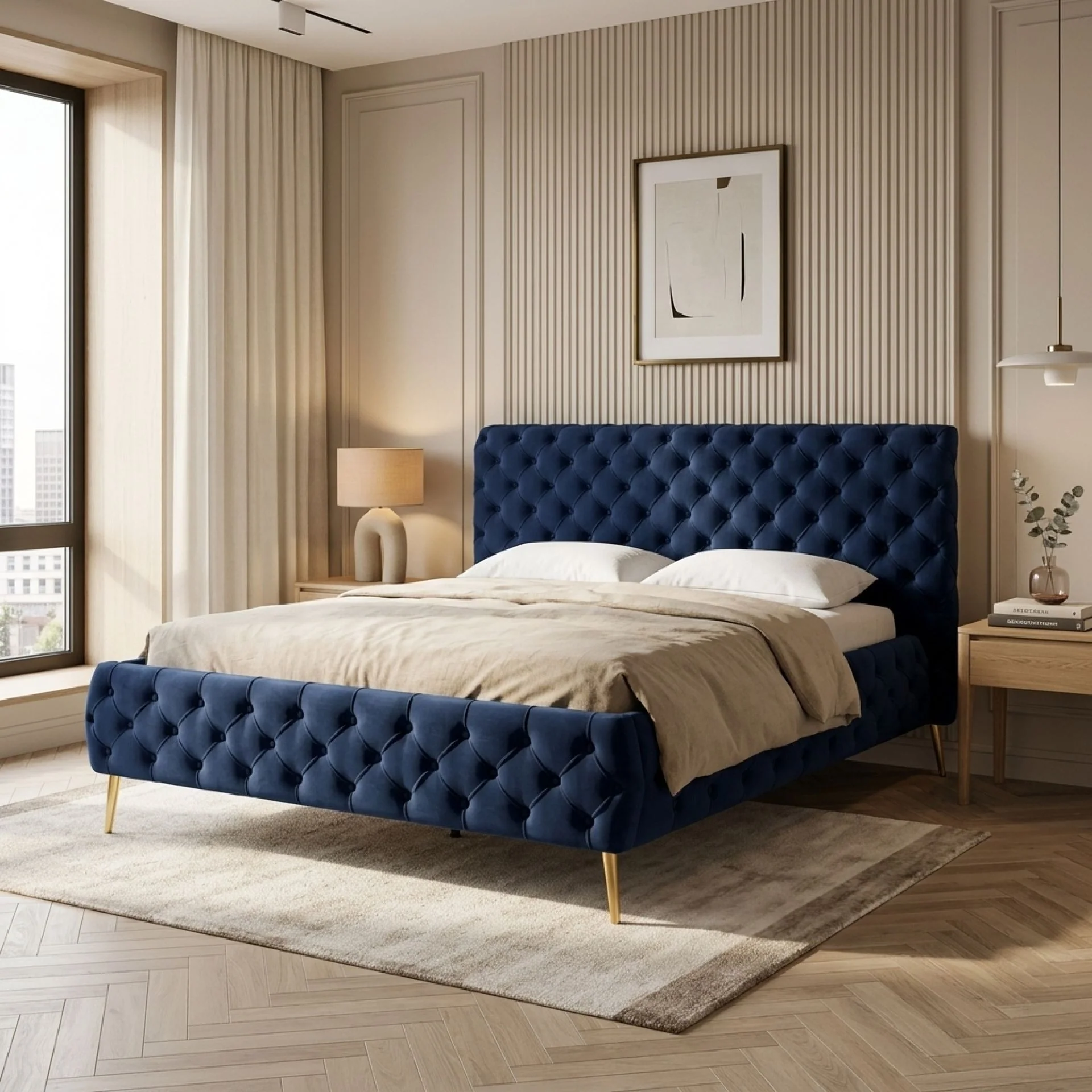 Adams Velvet Queen Bed Frame - Navy Blue - Image 4