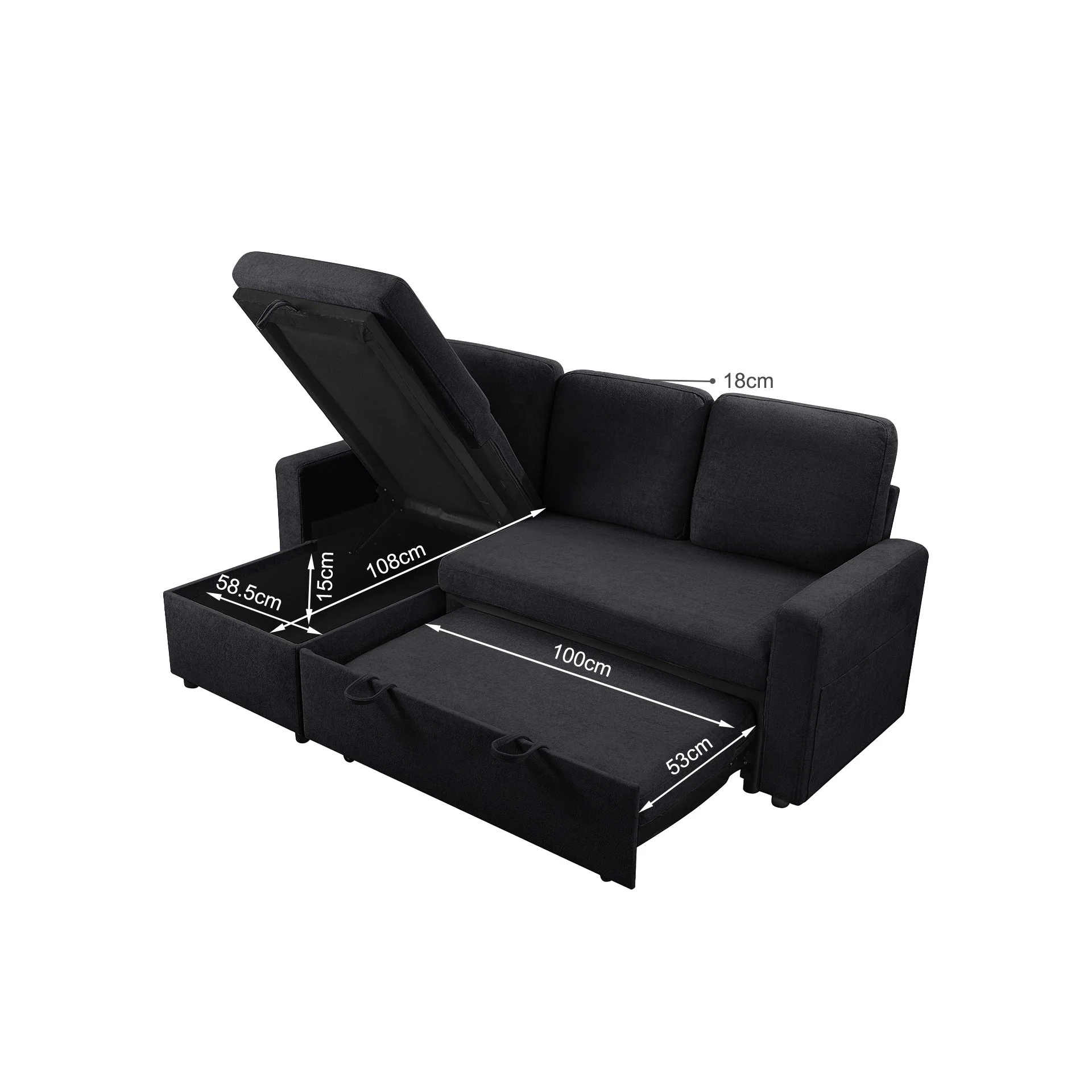 Amy 3 Seater Sofa Bed with Storage - Black - Image 21