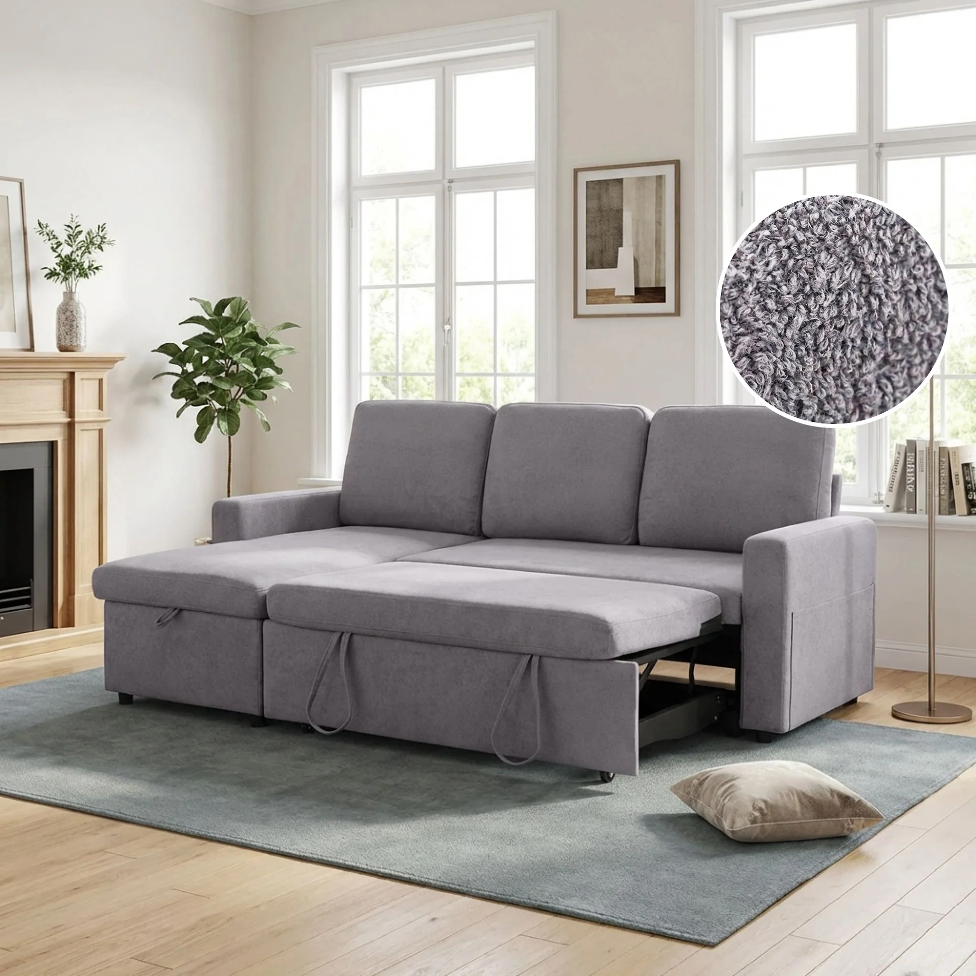 Amy 3 Seater Sofa Bed with Storage - Light Grey - Image 2