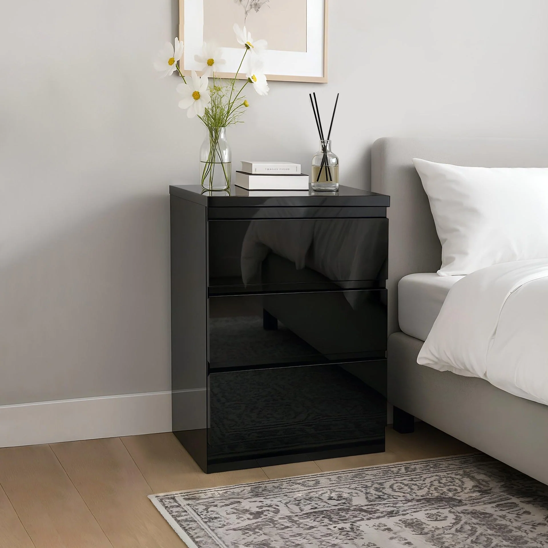 Angeles High Gloss Bedside Table with 3 Drawers - Black - Image 6