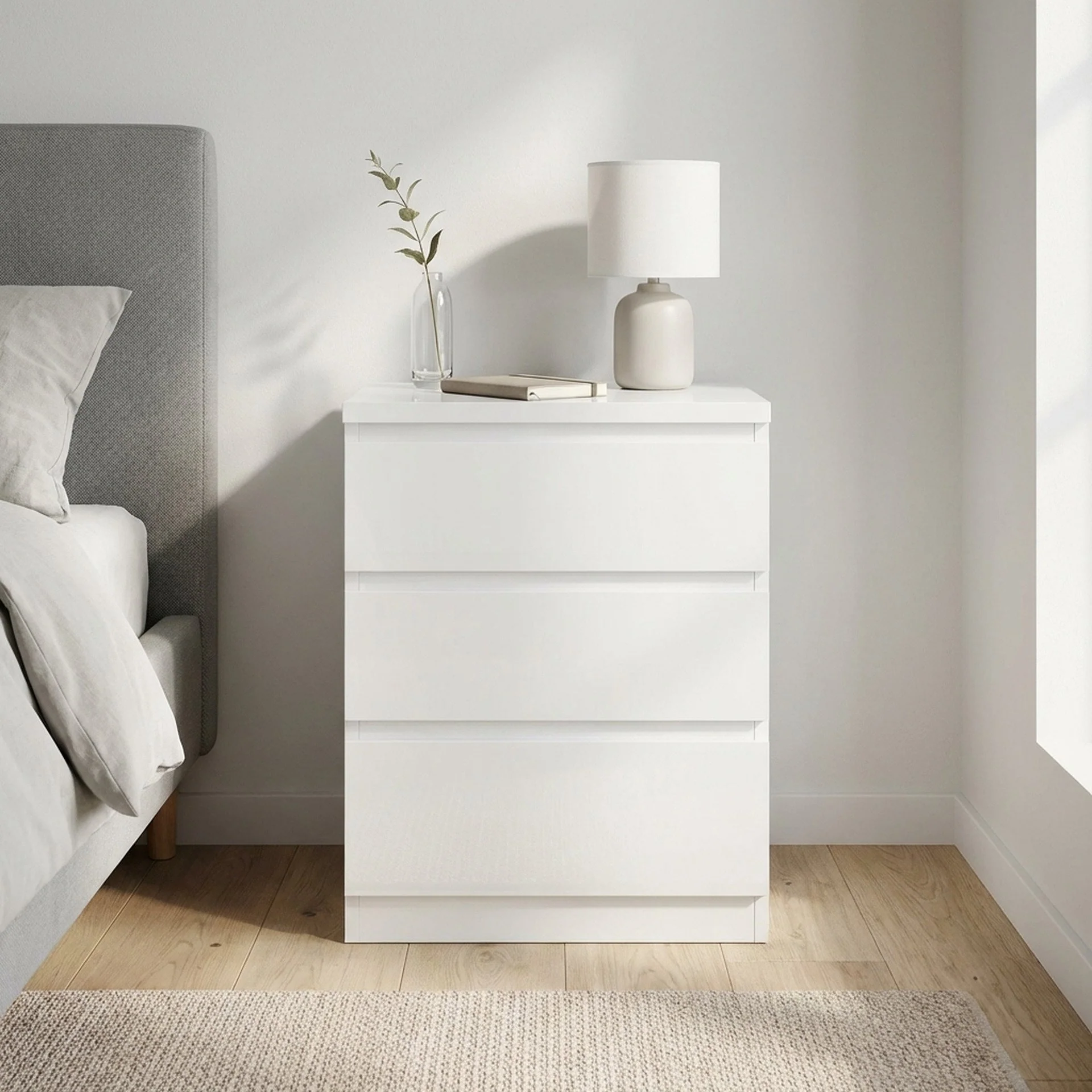 Angeles High Gloss Bedside Table with 3 Drawers - White - Image 6