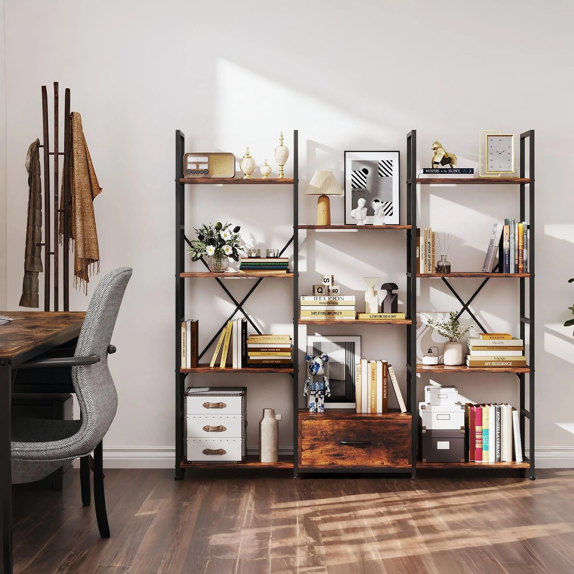 Auroa 4 Tier Bookshelf with Drawer - Rustic Brown - Image 3