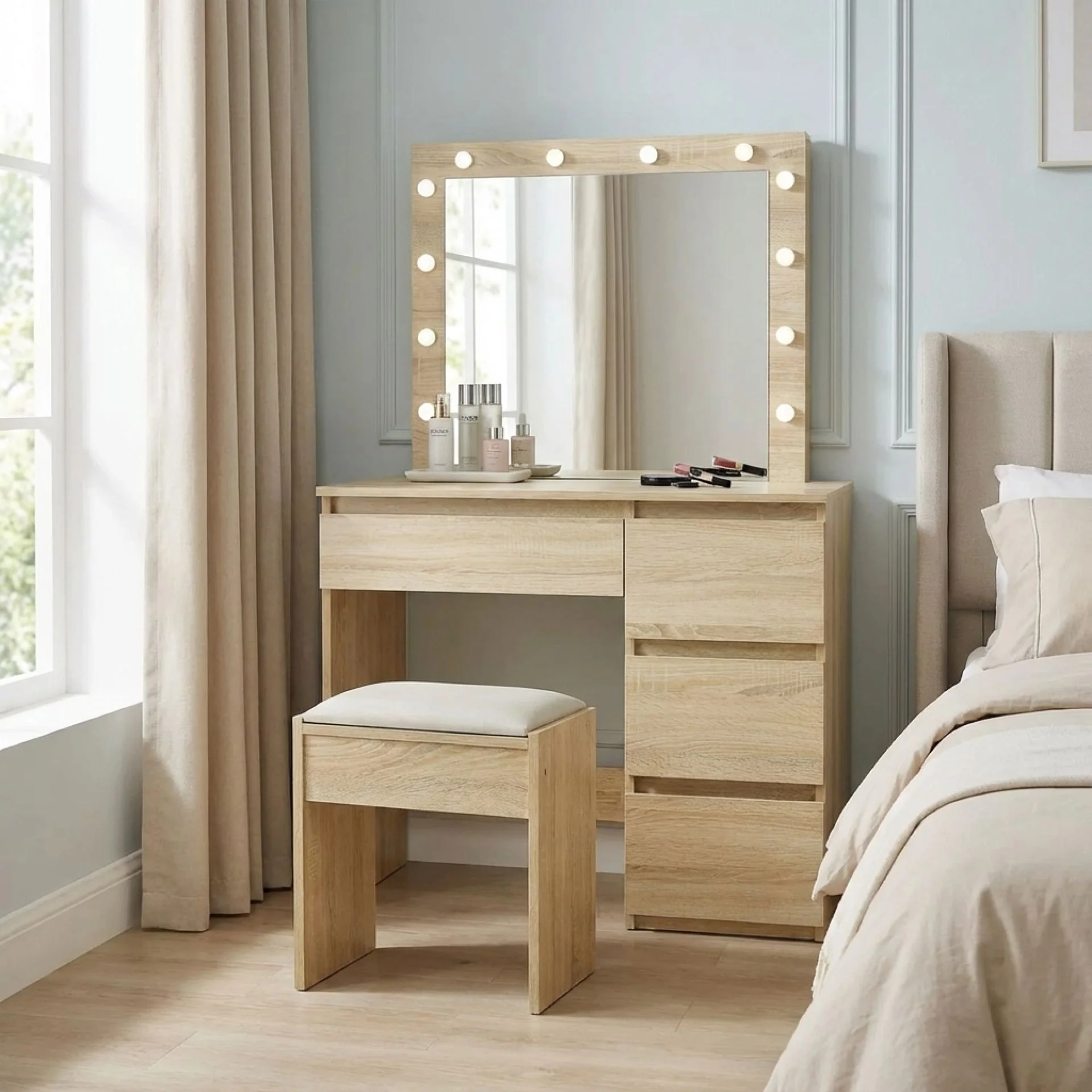 Begonia 2 Piece Dressing Table with Mirror & Stool Set - Oak - Image 6