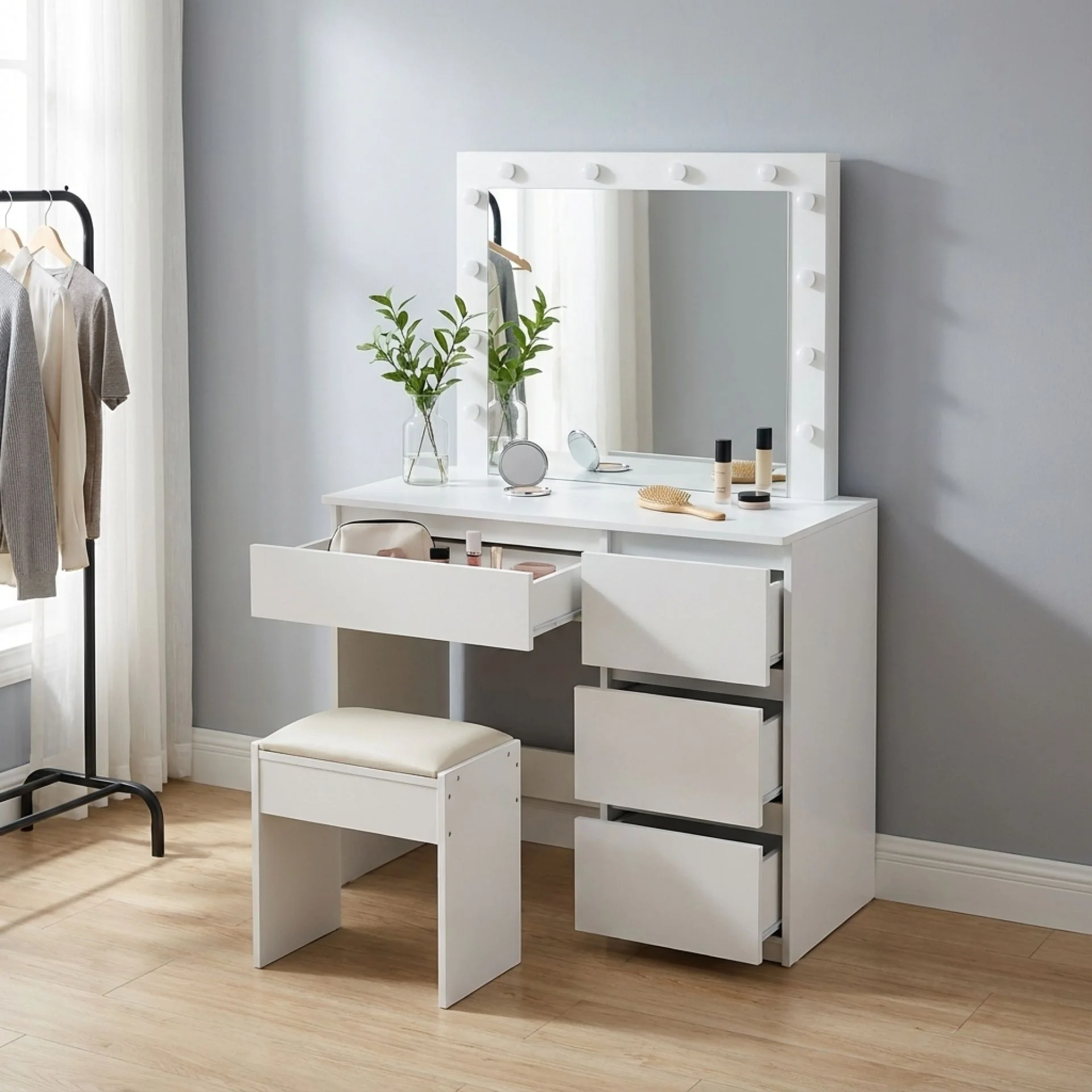 Begonia 2 Piece Dressing Table with Mirror & Stool Set - White - Image 2