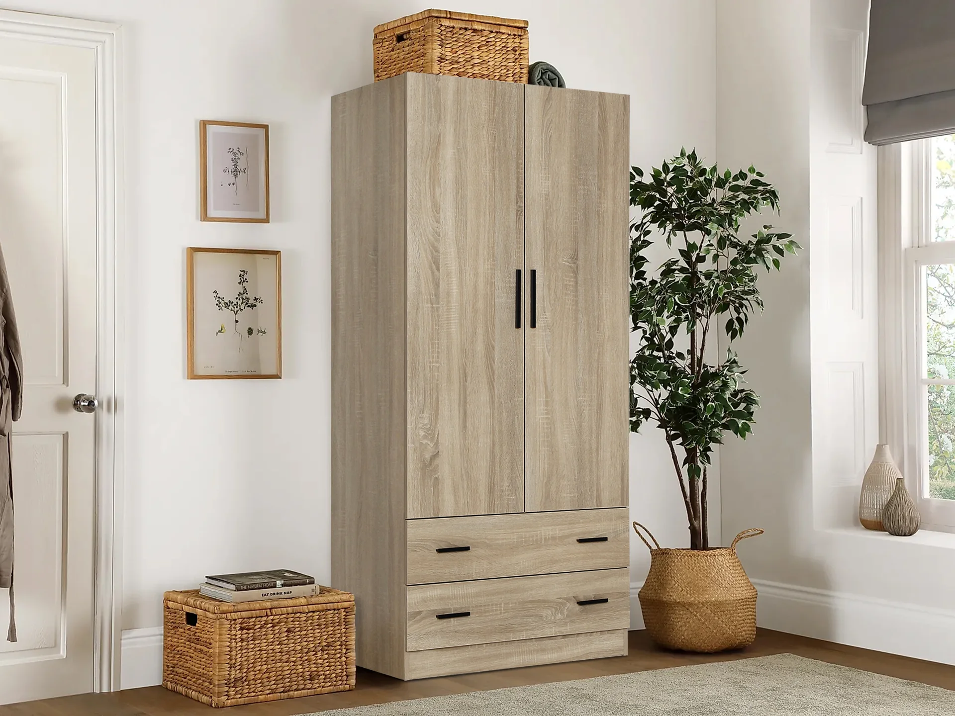Bram 2 Door Wardrobe with 2 Drawers - Oak - Image 2