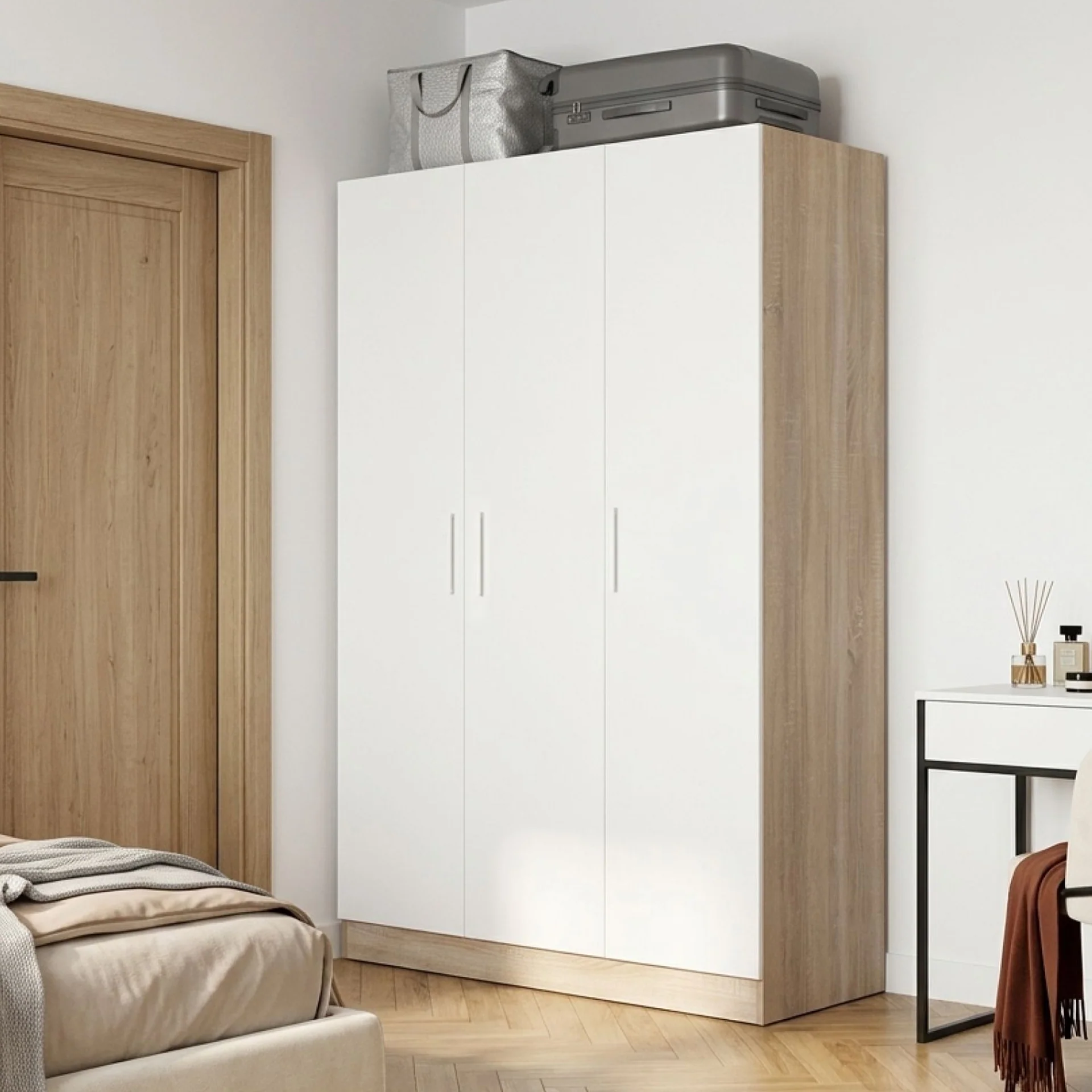 Bram 3 Door Wardrobe Cabinet - Oak + White - Image 5