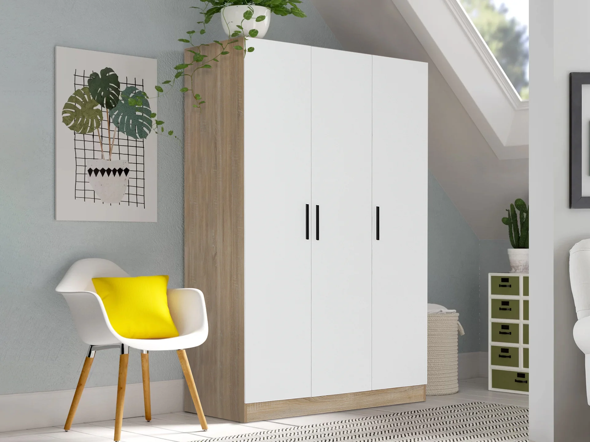 Bram 3 Door Wardrobe Cabinet - Oak + White - Image 2