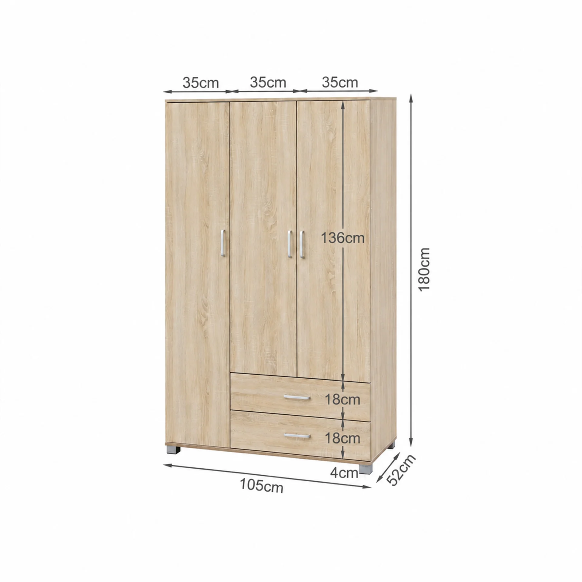 Bram 3 Door Wardrobe Cabinet with 2 Drawers - Oak - Image 10