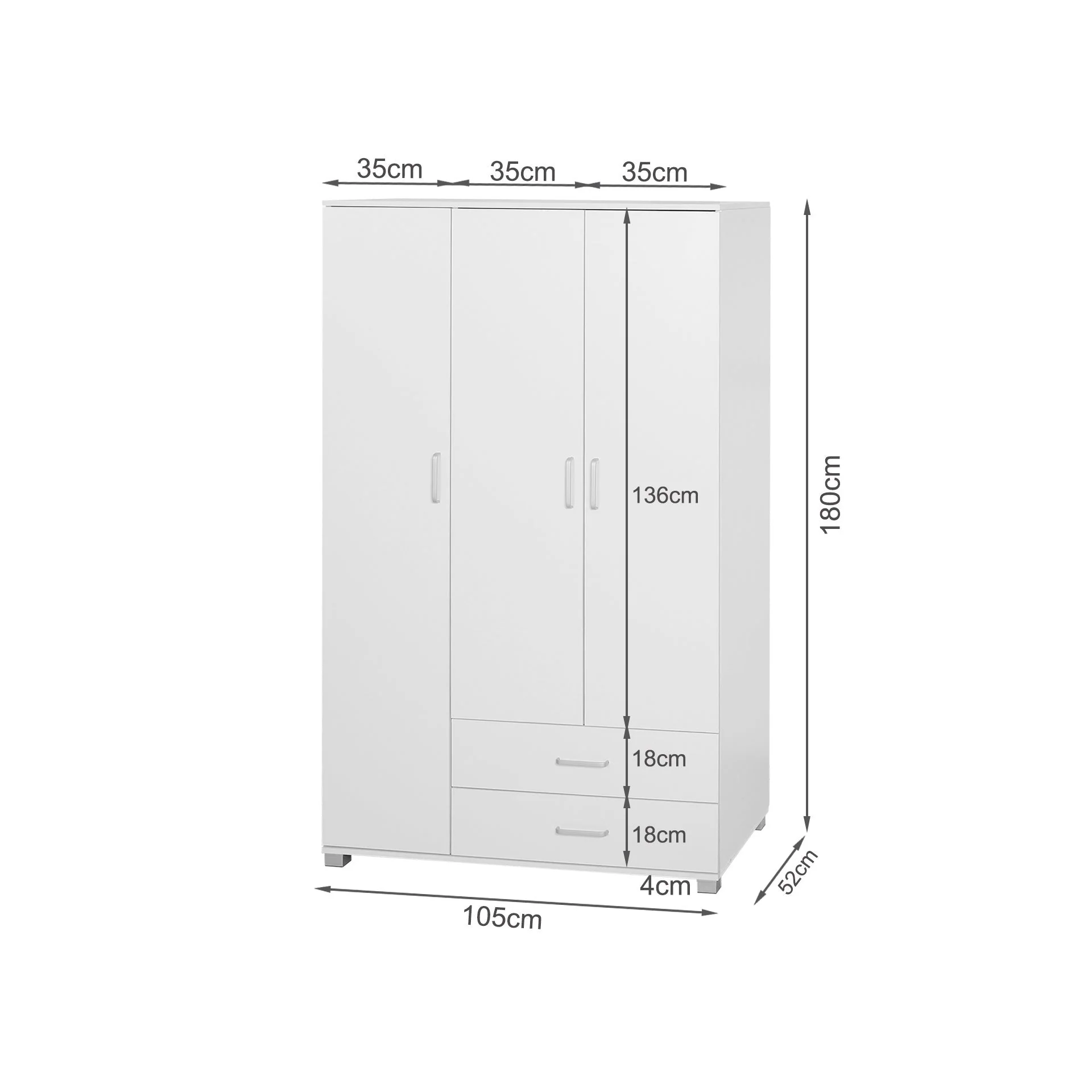 Bram 3 Door Wardrobe Cabinet with 2 Drawers - White - Image 12