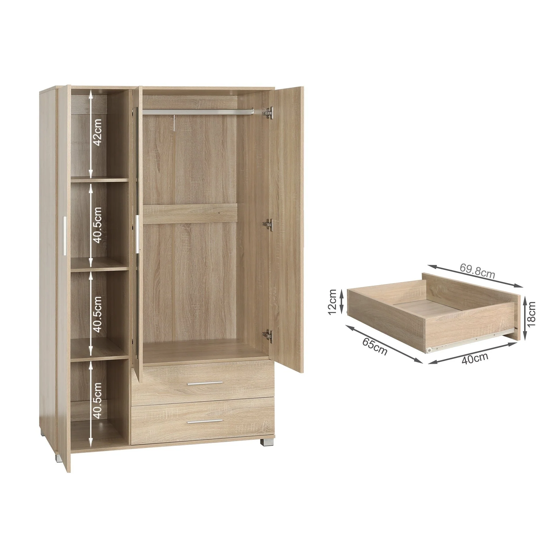 Bram 3 Door Wardrobe Cabinet with Mirror - Oak - Image 15