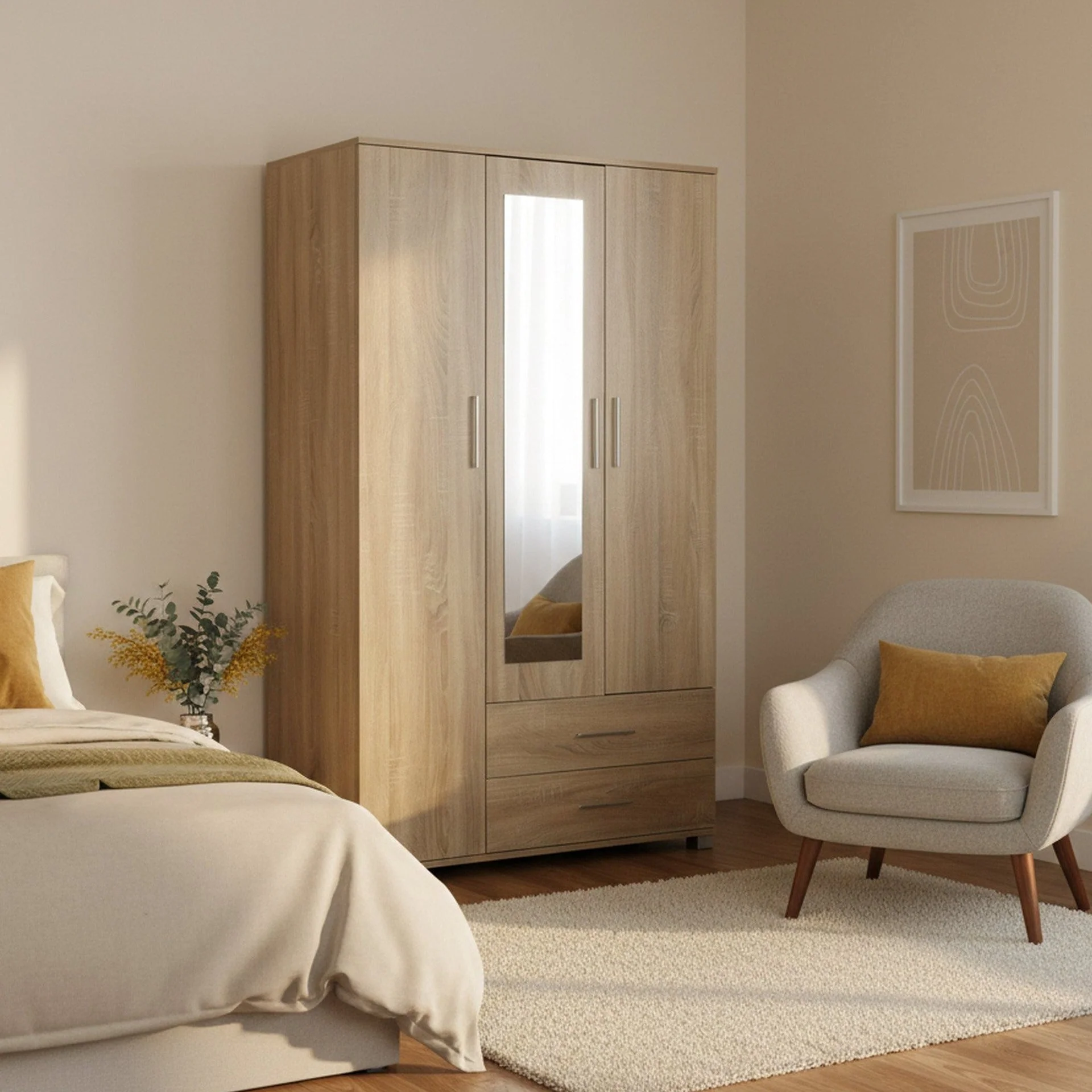 Bram 3 Door Wardrobe Cabinet with Mirror - Oak - Image 3
