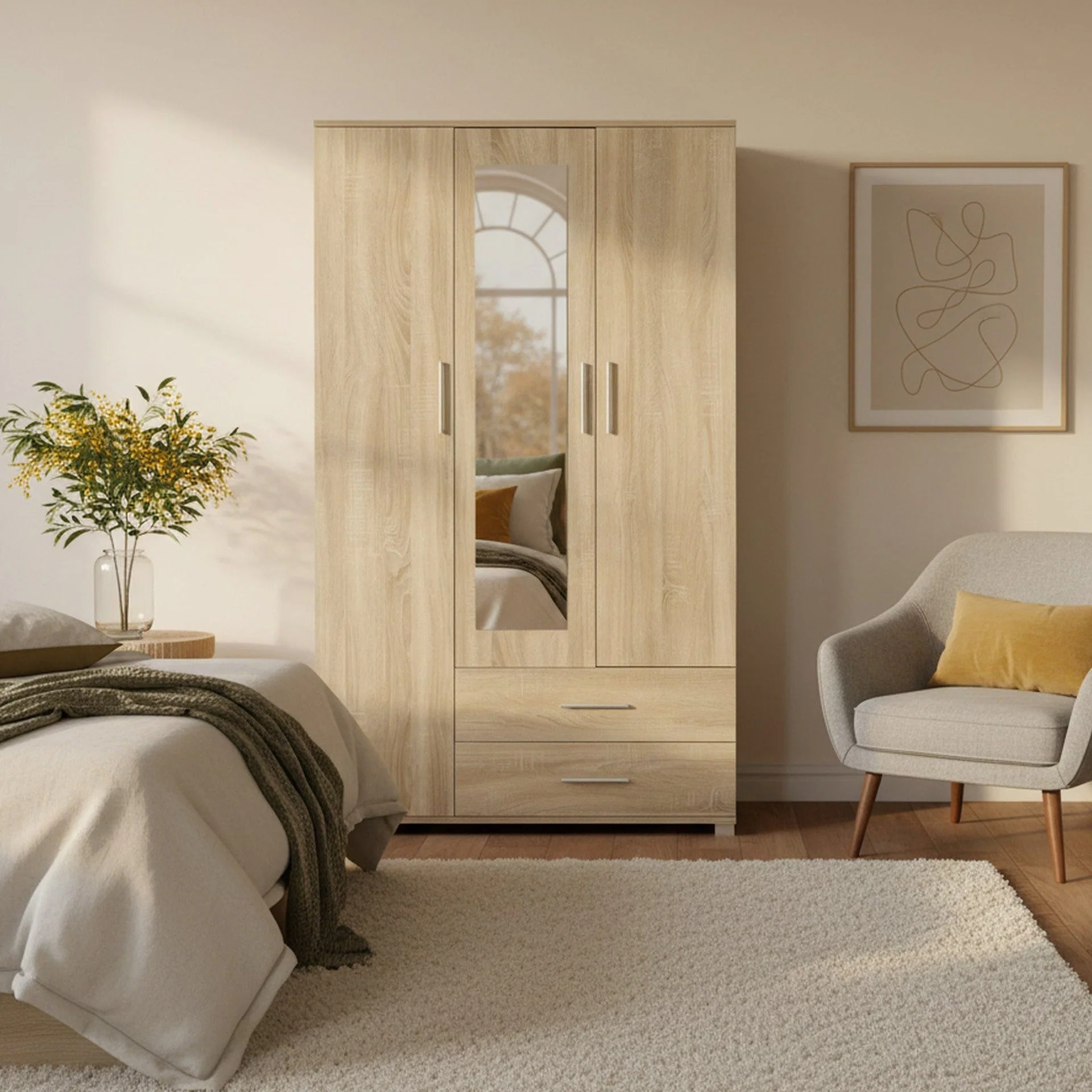 Bram 3 Door Wardrobe Cabinet with Mirror - Oak - Image 4