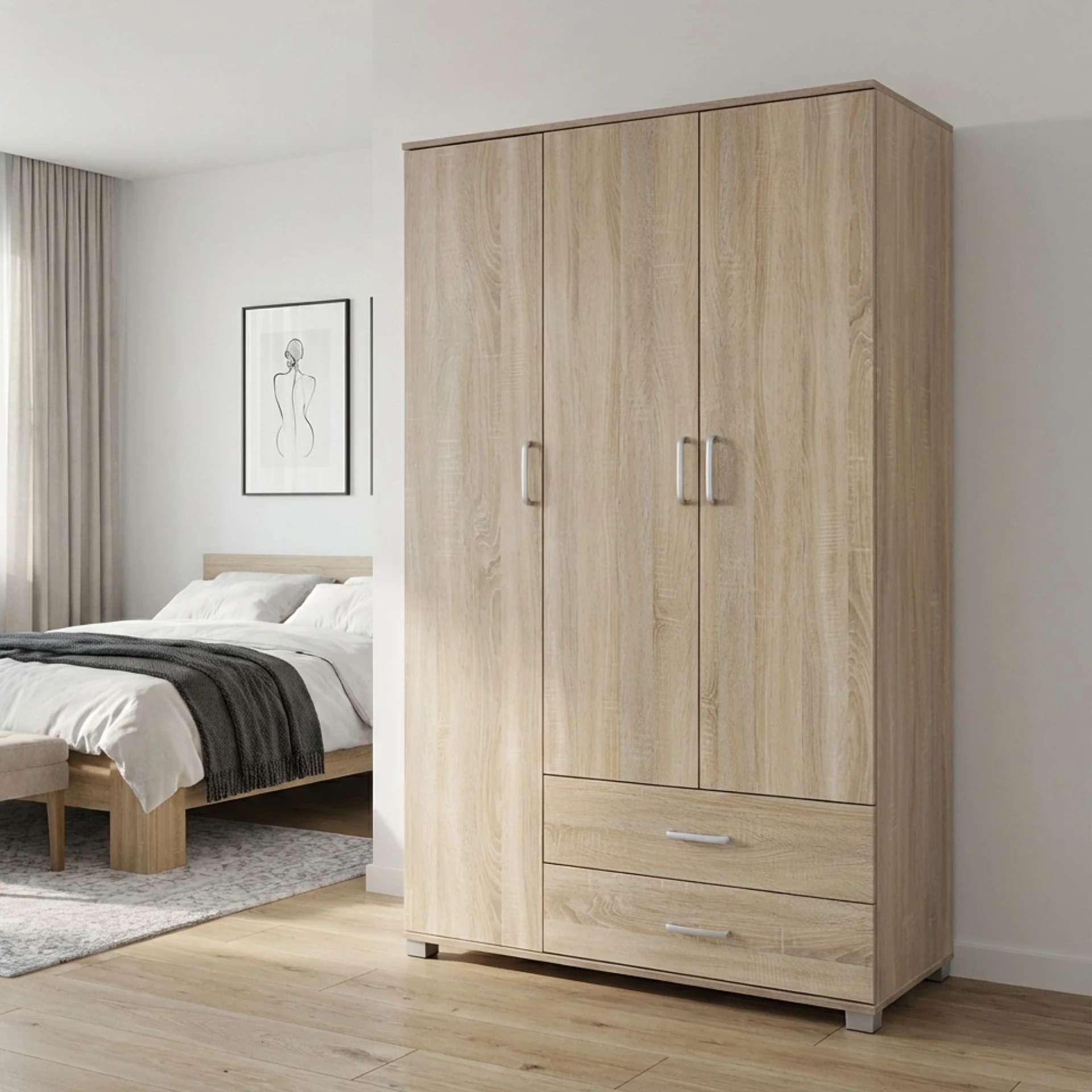 Bram 3 Door Wardrobe with 2 Drawers - Oak - Image 3