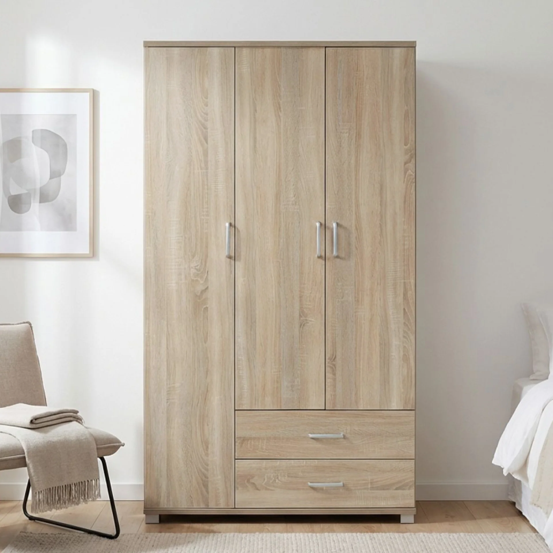 Bram 3 Door Wardrobe with 2 Drawers - Oak - Image 4