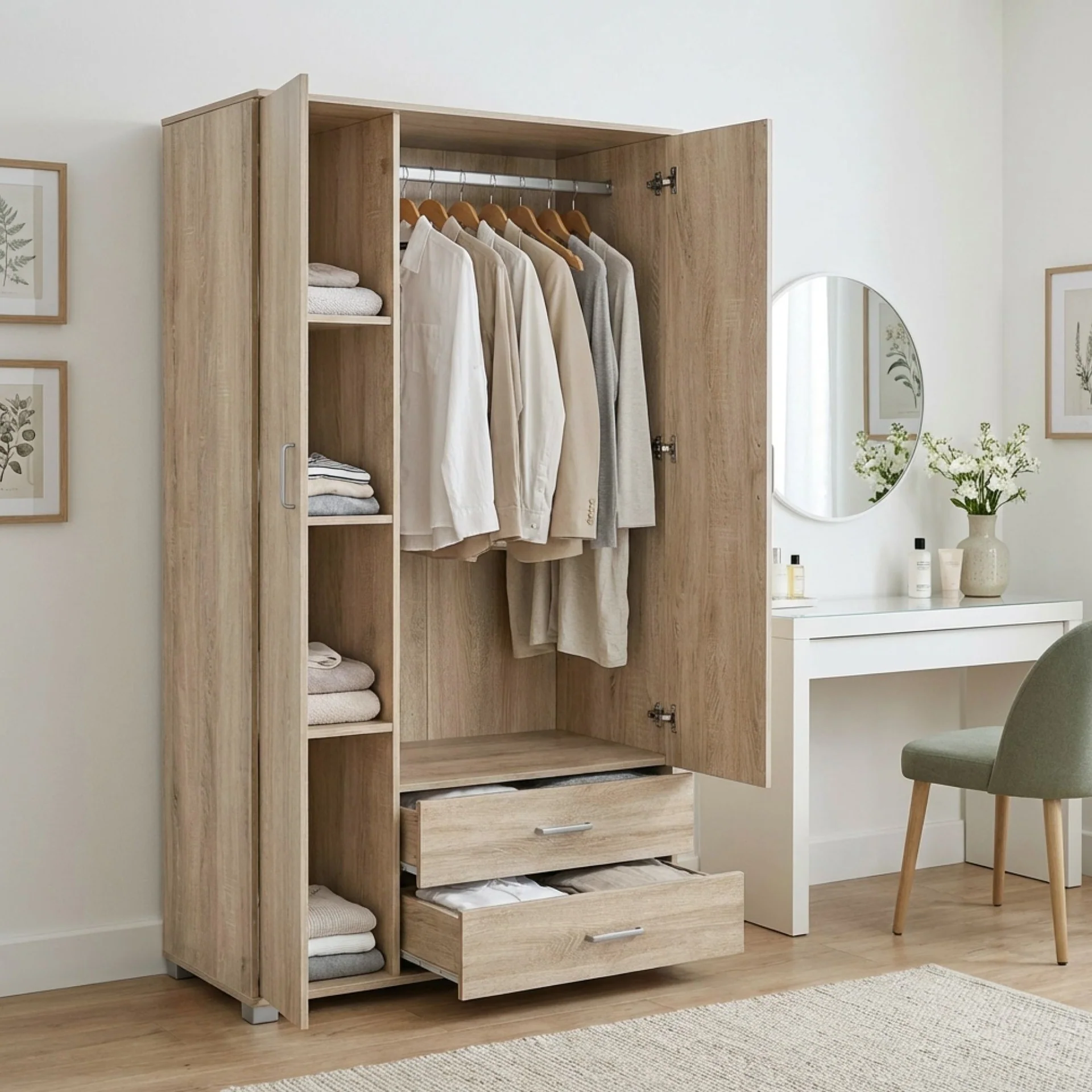 Bram 3 Door Wardrobe with 2 Drawers - Oak - Image 5