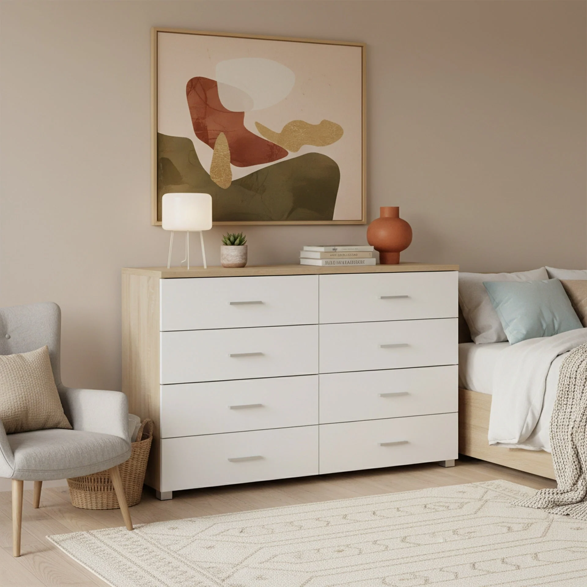 Bram Low Boy 8 Drawer Chest Dresser - Oak + White