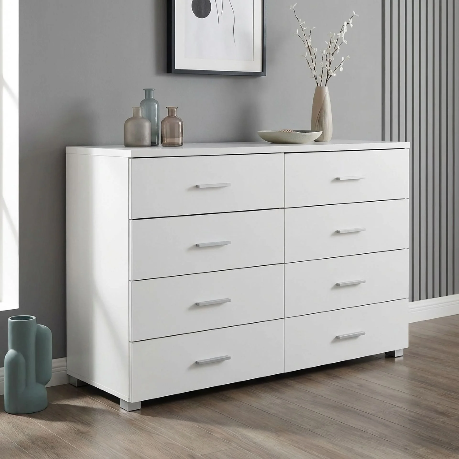 Bram Low Boy 8 Drawer Chest Dresser - White - Image 4