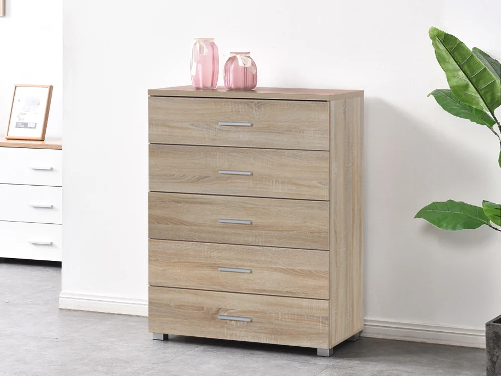 BRAM Tallboy 5 Drawer Chest Dresser - Oak - Image 3