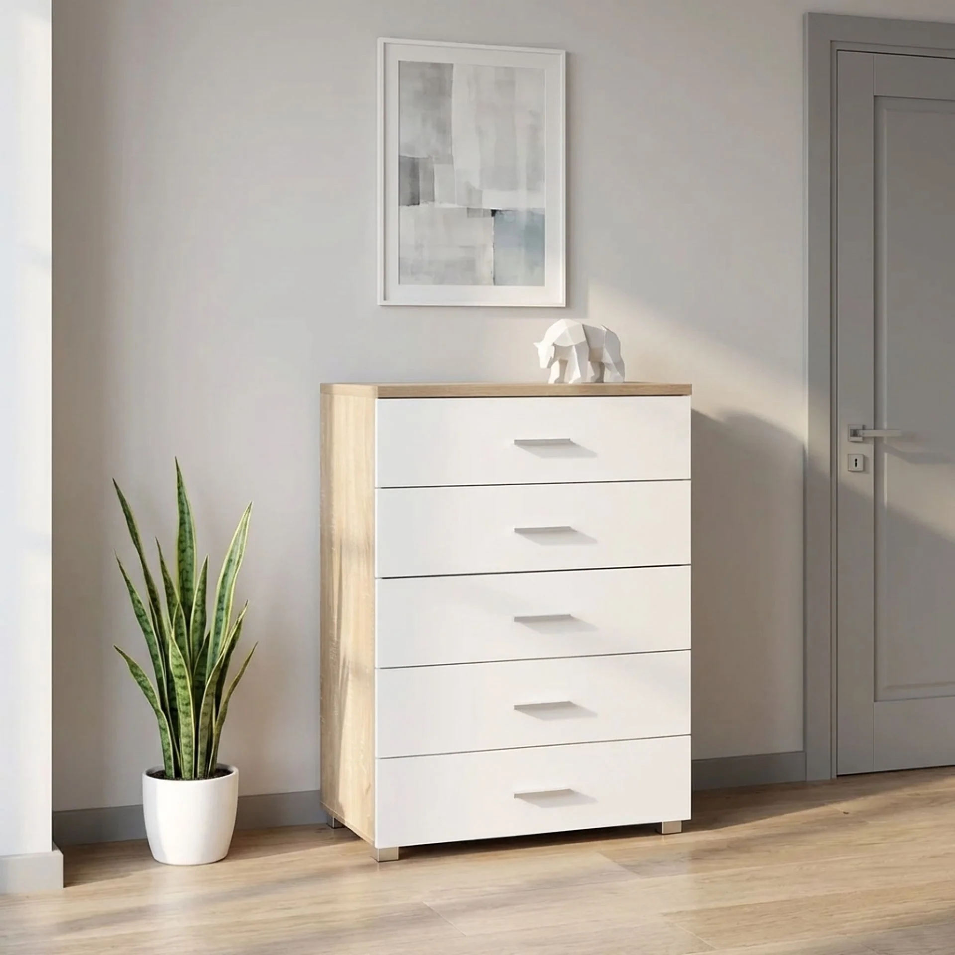 Bram Tallboy 5 Drawer Chest Dresser - Oak + White - Image 3