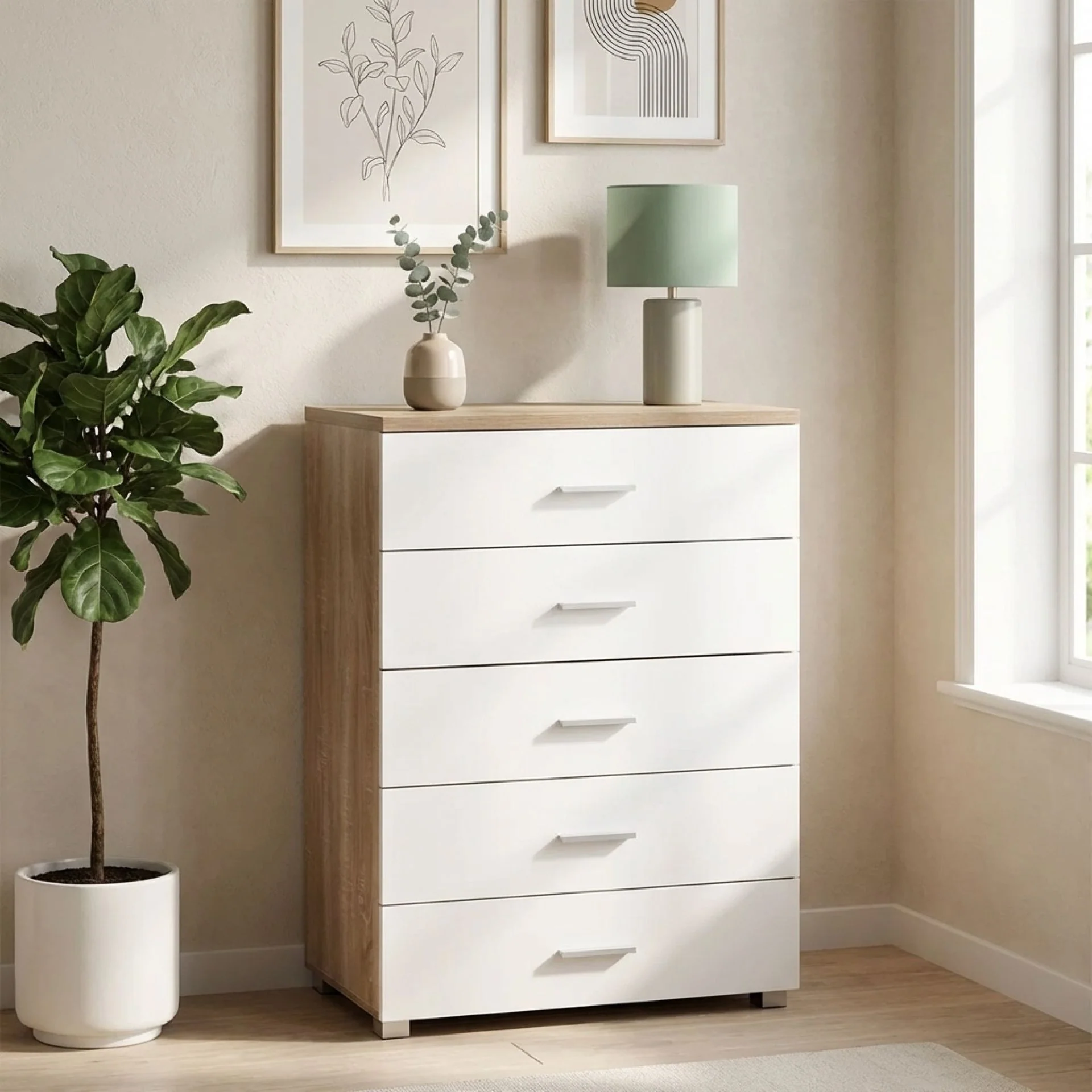 Bram Tallboy 5 Drawer Chest Dresser - Oak + White - Image 4