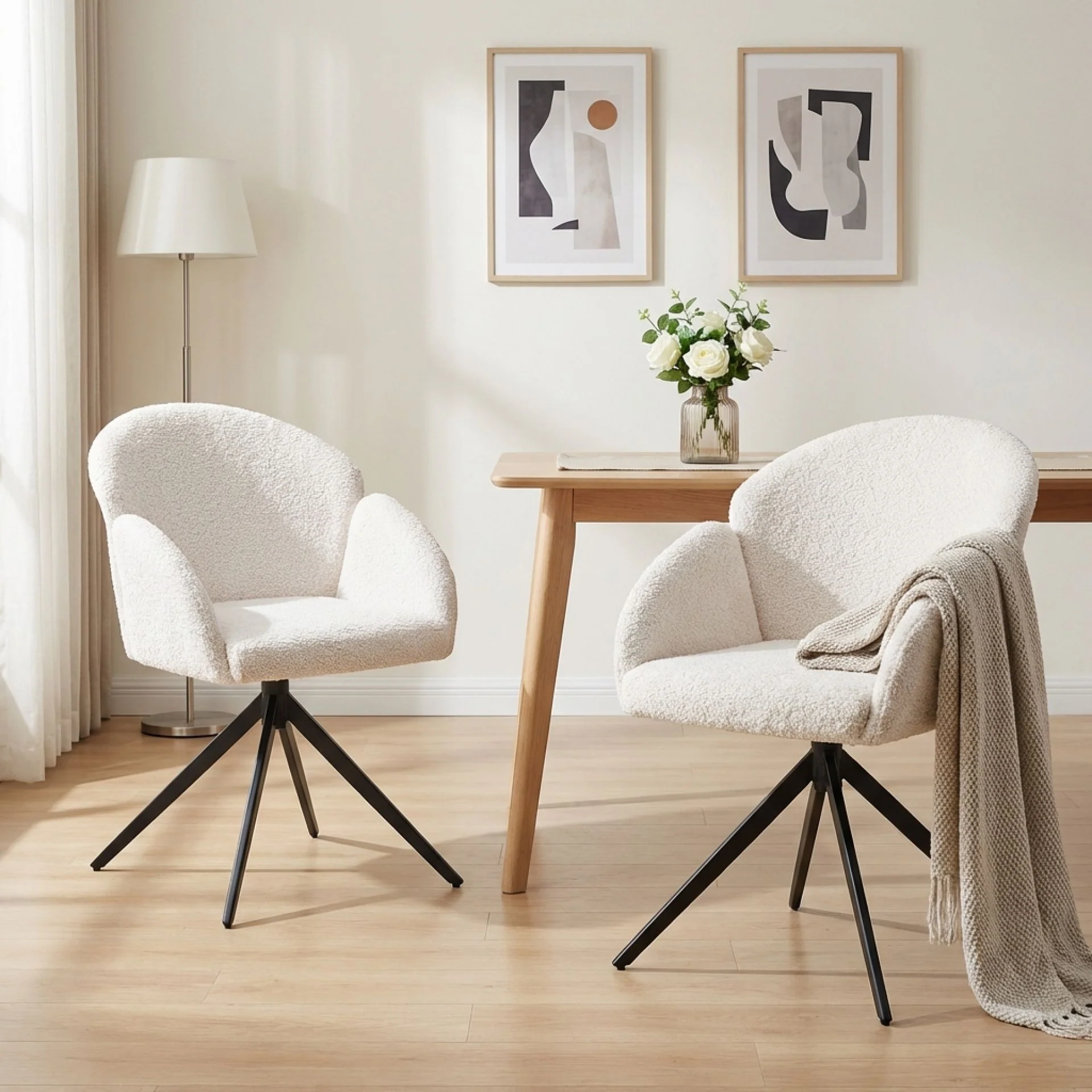 Carmen Boucle Swivel Dining ArmChairs - Set of 2 - Milky White