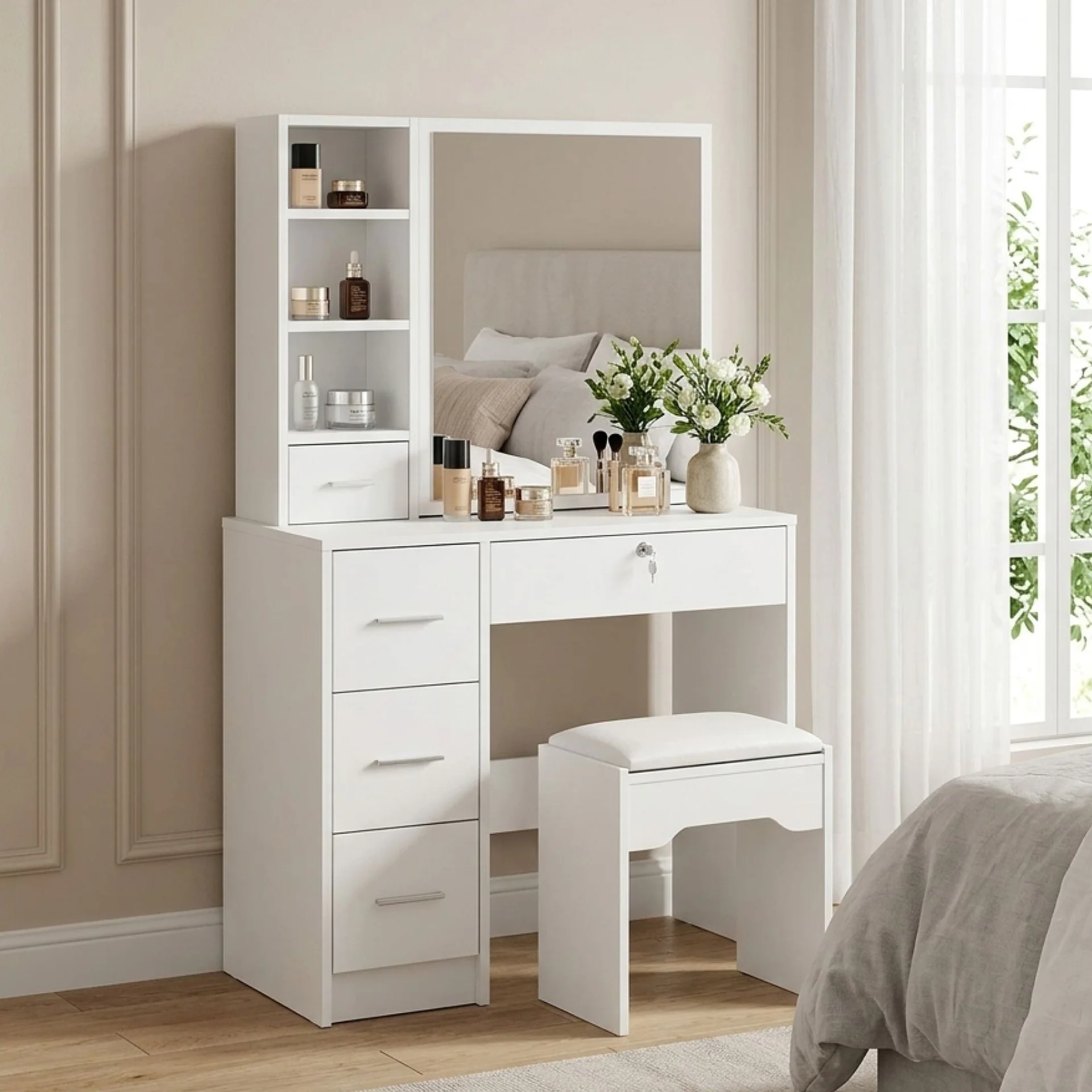 Carnation Dressing Table with Drawers Set 2pcs - White - Image 10