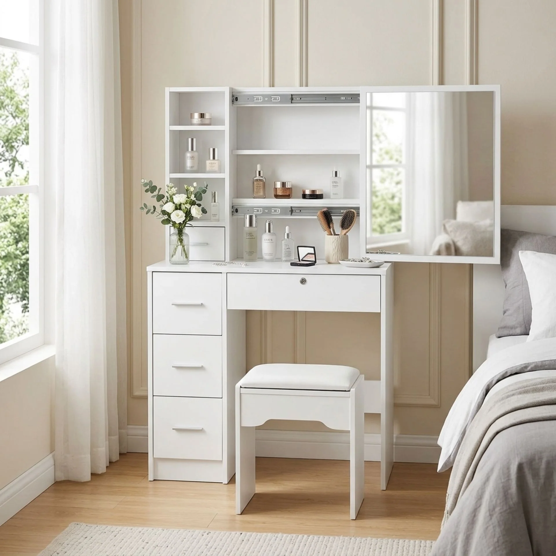 Carnation Dressing Table with Drawers Set 2pcs - White - Image 11