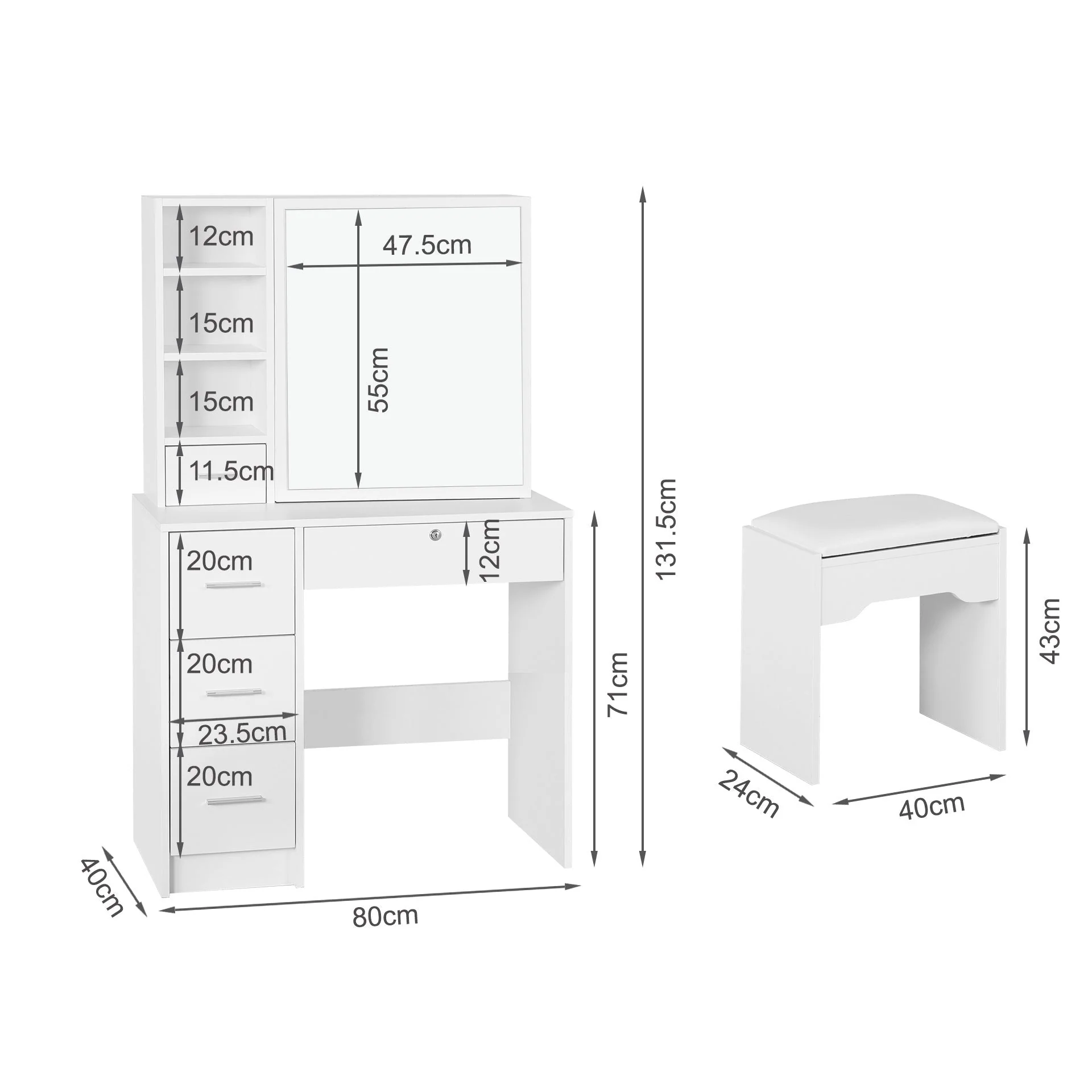 Carnation Dressing Table with Drawers Set 2pcs - White - Image 19