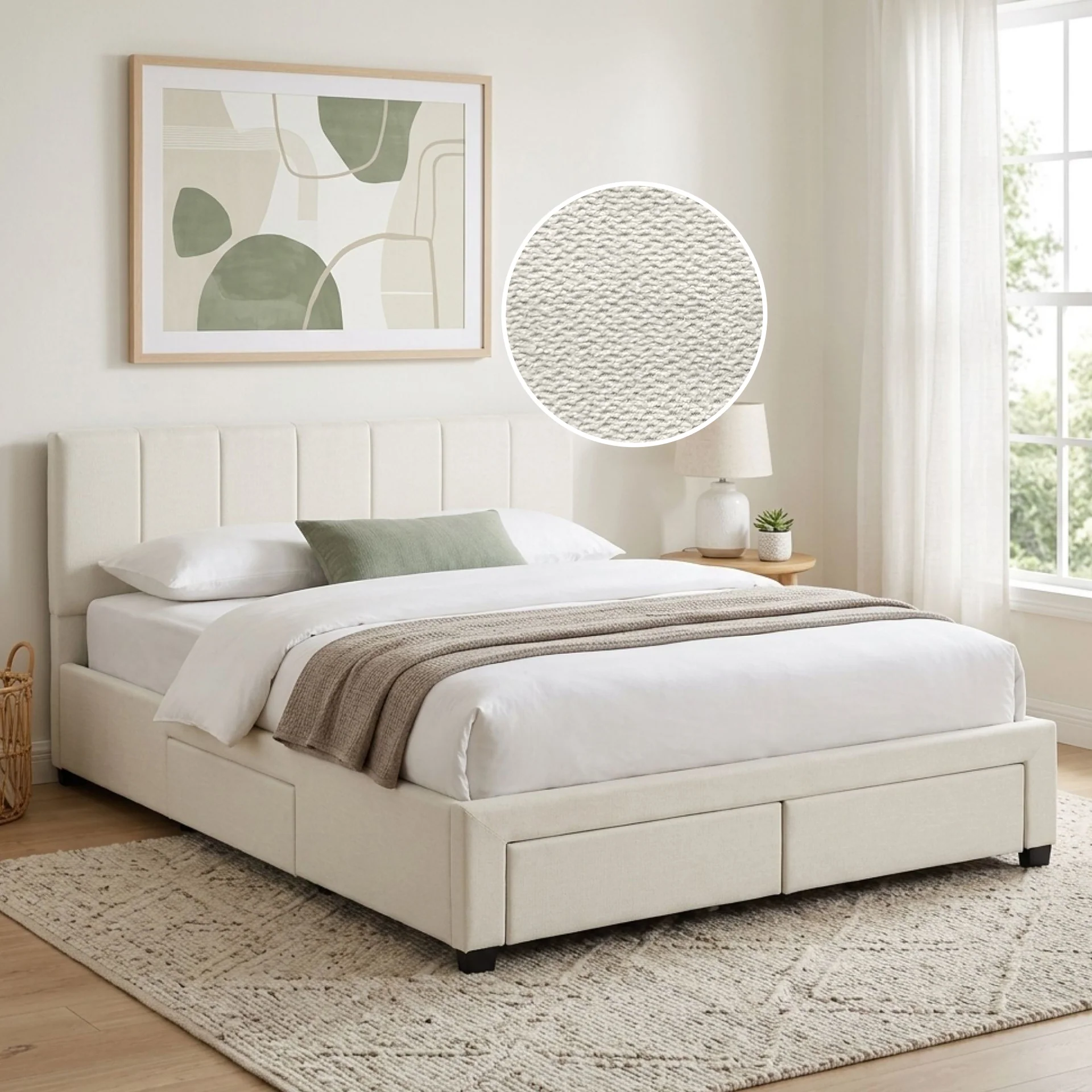 Charlotte Queen Bed Frame with 4 Drawers - Beige - Image 2