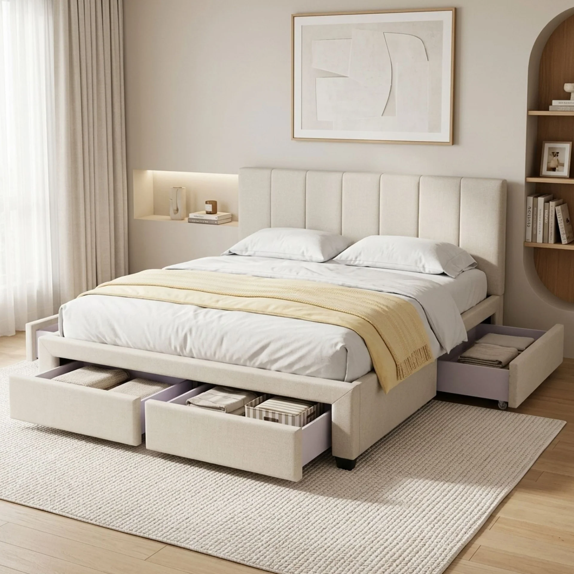 Charlotte Queen Bed Frame with 4 Drawers - Beige - Image 5