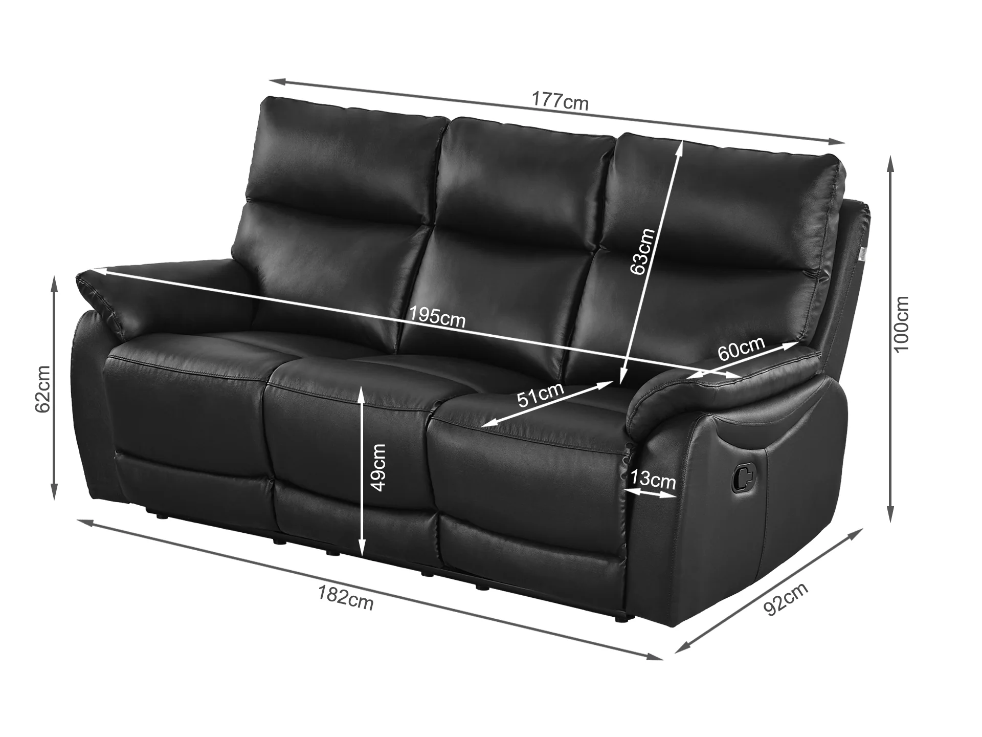 Charlton Leather 3 Seater Recliner Sofa - Black - Image 11