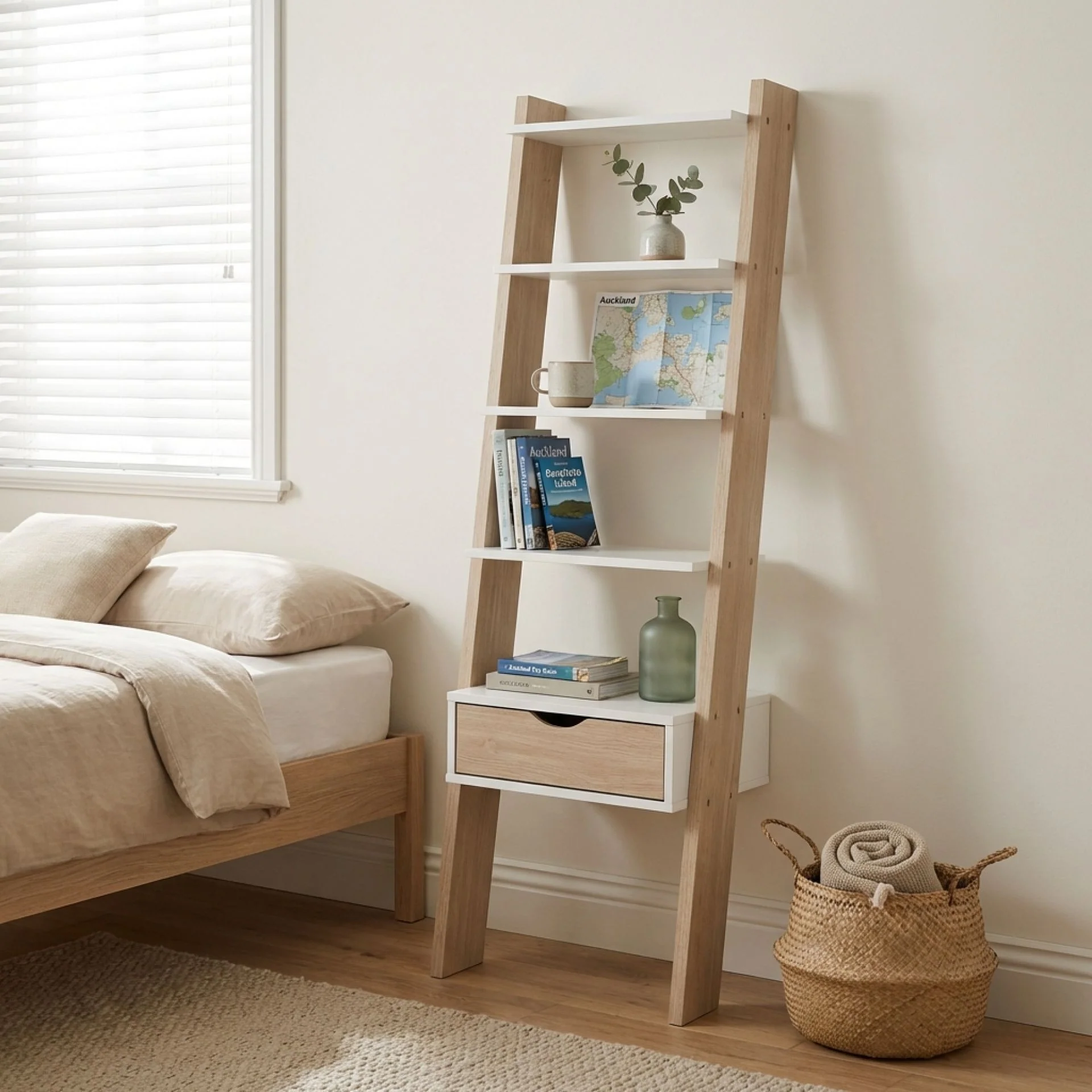 Clive 5 Tier Ladder Shelf with Drawer - Walnut + White