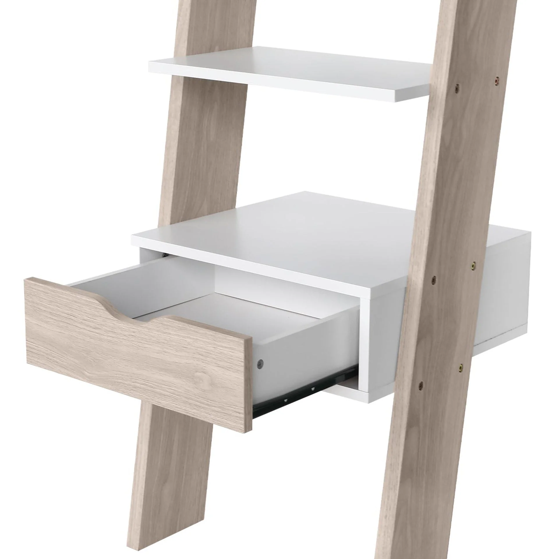 Clive 5 Tier Ladder Shelf with Drawer - Walnut + White - Image 10