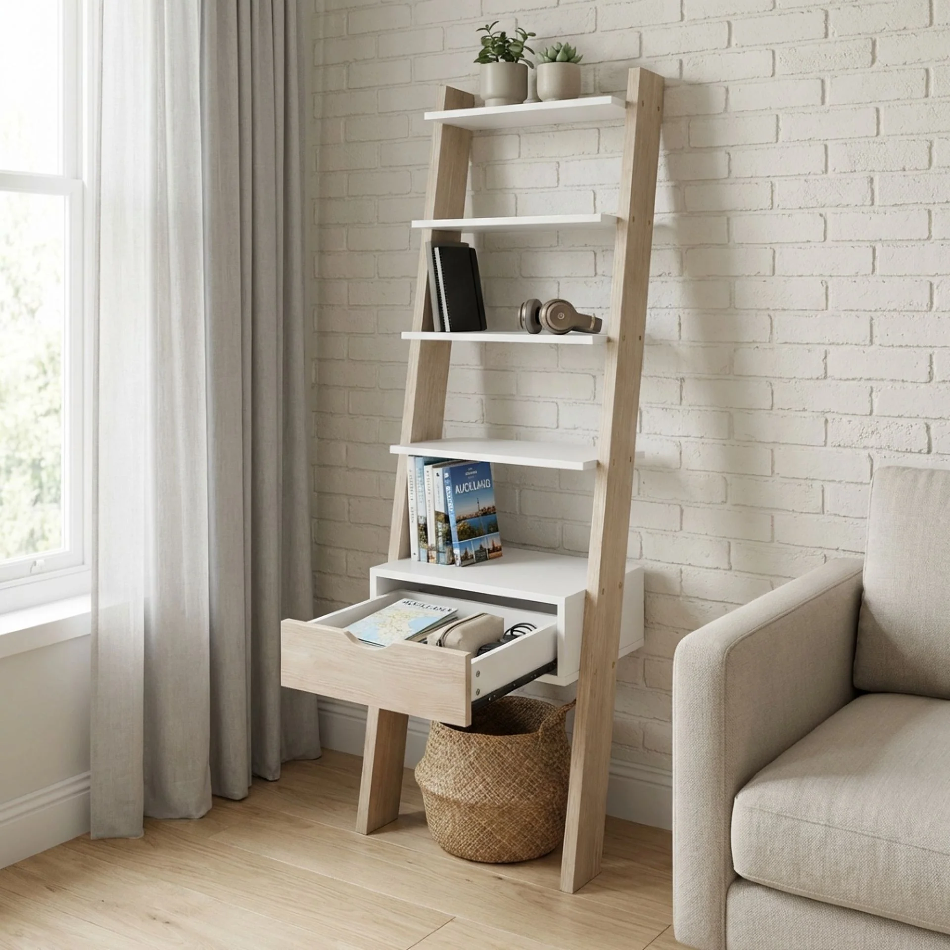 Clive 5 Tier Ladder Shelf with Drawer - Walnut + White - Image 2