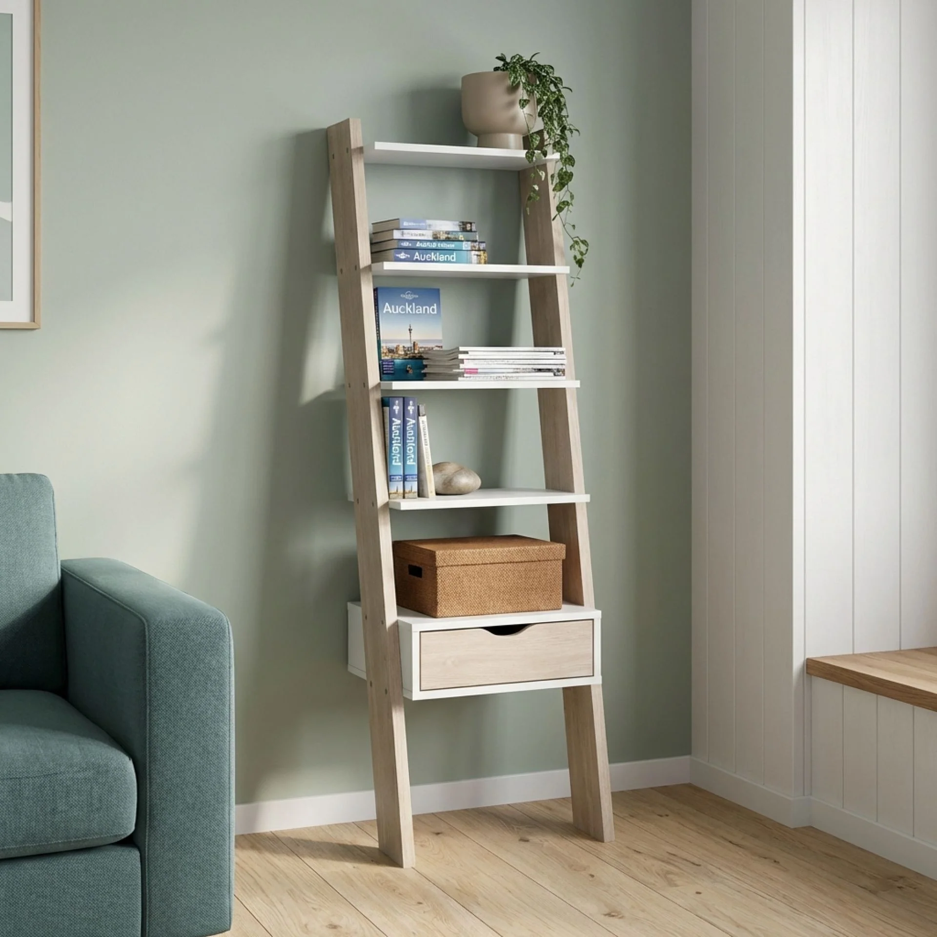 Clive 5 Tier Ladder Shelf with Drawer - Walnut + White - Image 3