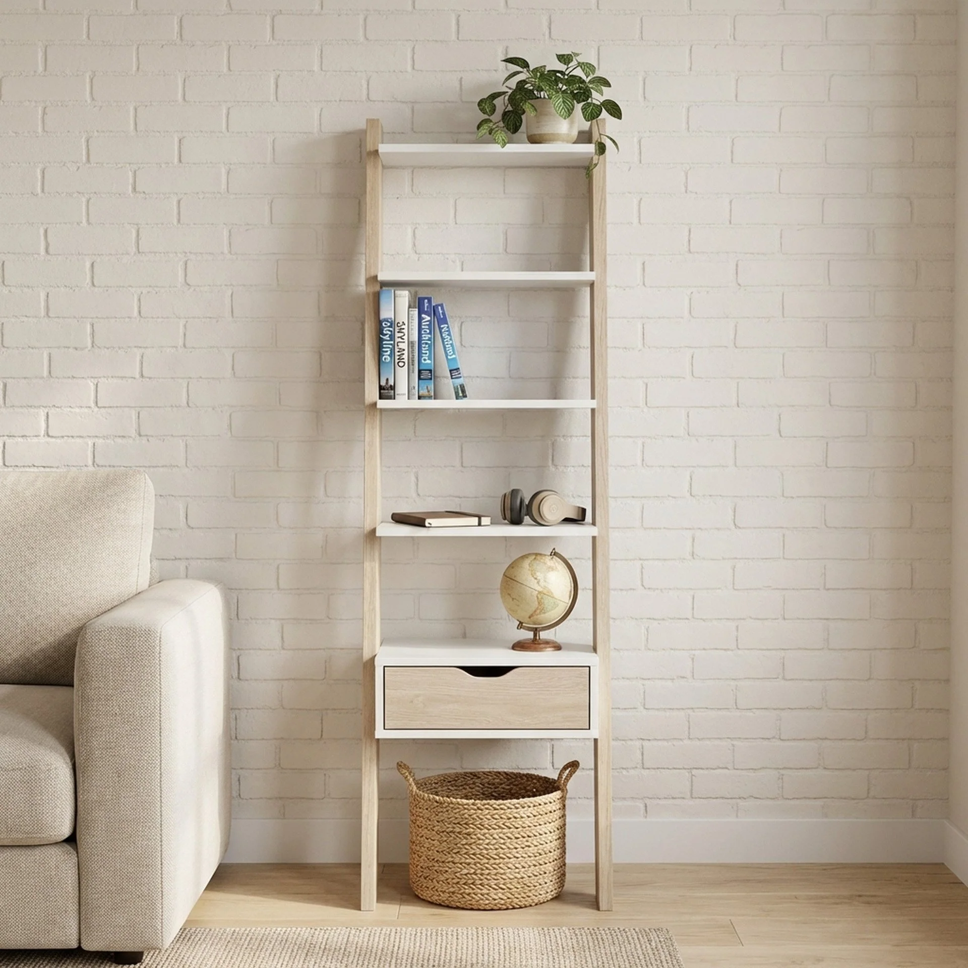 Clive 5 Tier Ladder Shelf with Drawer - Walnut + White - Image 4