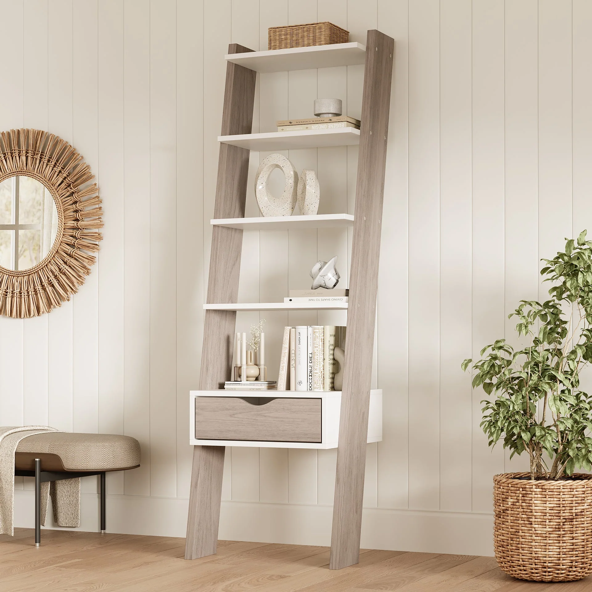 Clive 5 Tier Ladder Shelf with Drawer - Walnut + White - Image 5