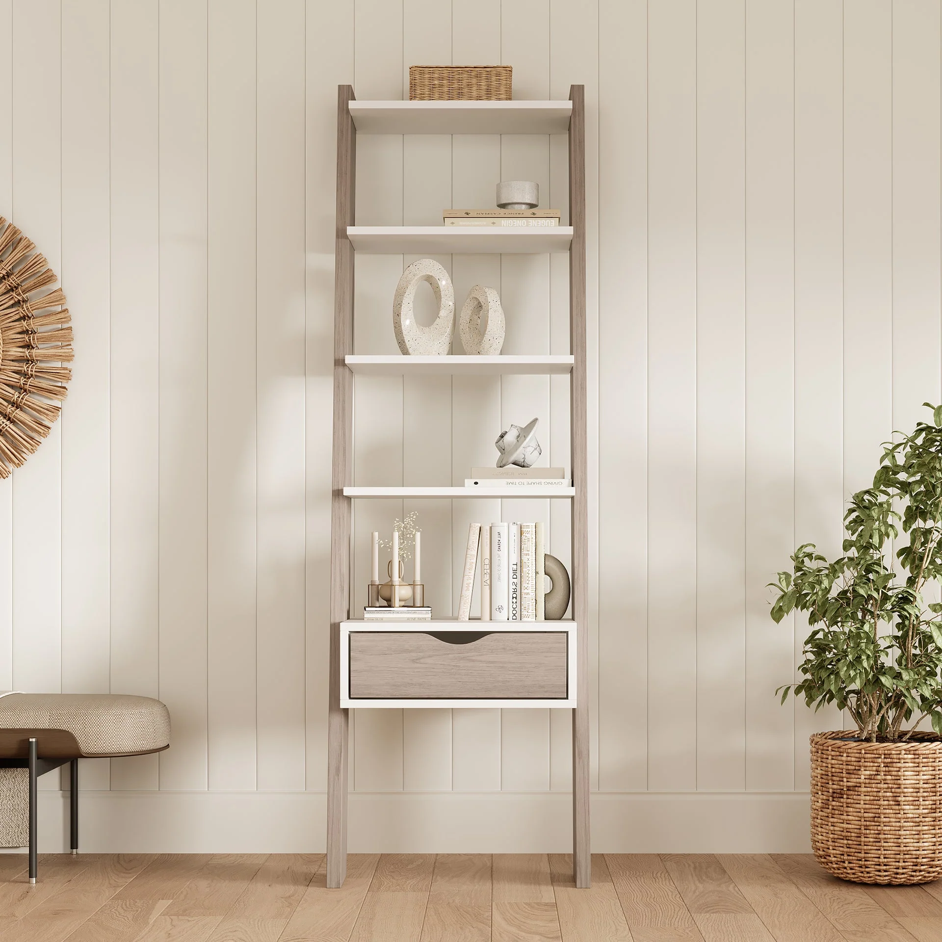 Clive 5 Tier Ladder Shelf with Drawer - Walnut + White - Image 6
