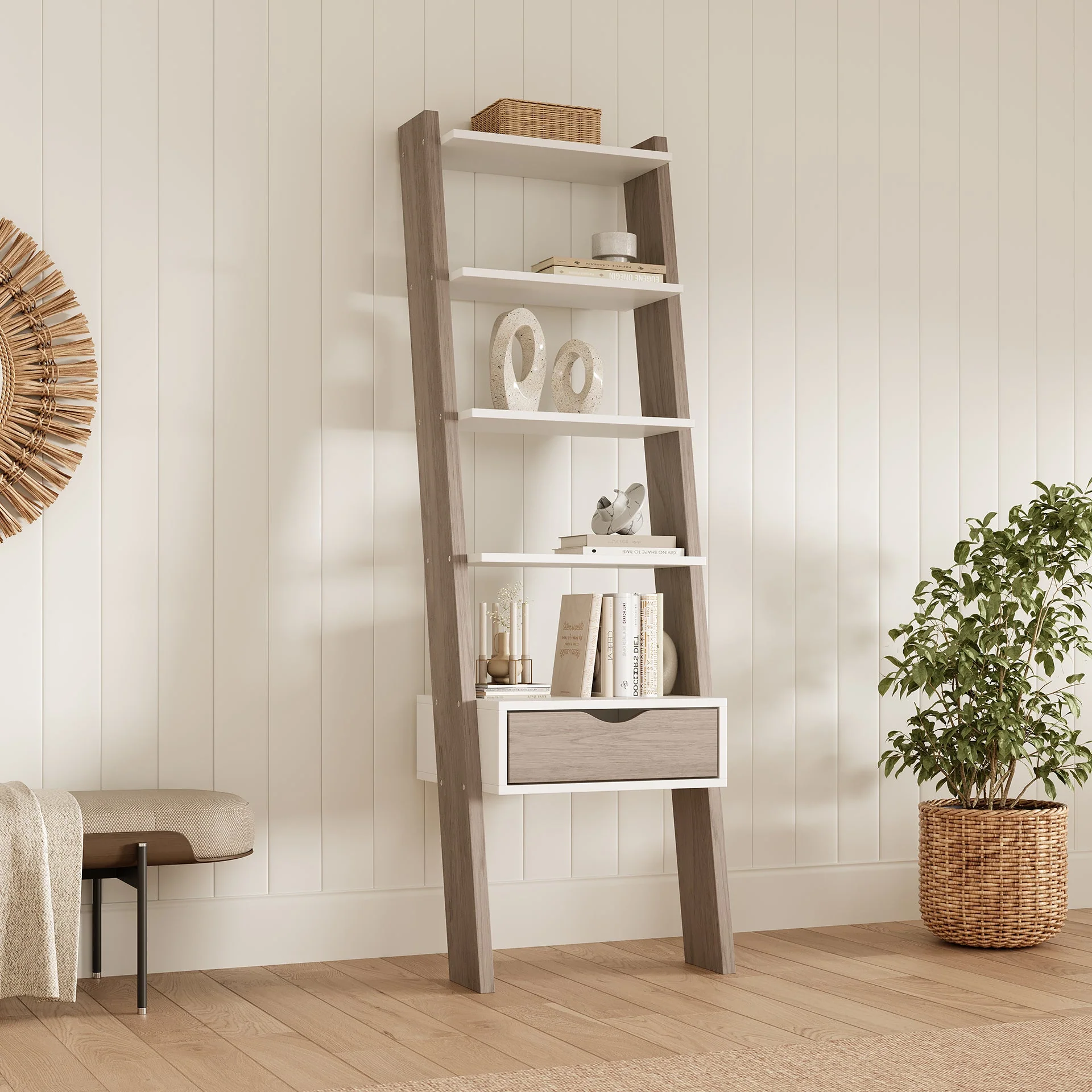 Clive 5 Tier Ladder Shelf with Drawer - Walnut + White - Image 7