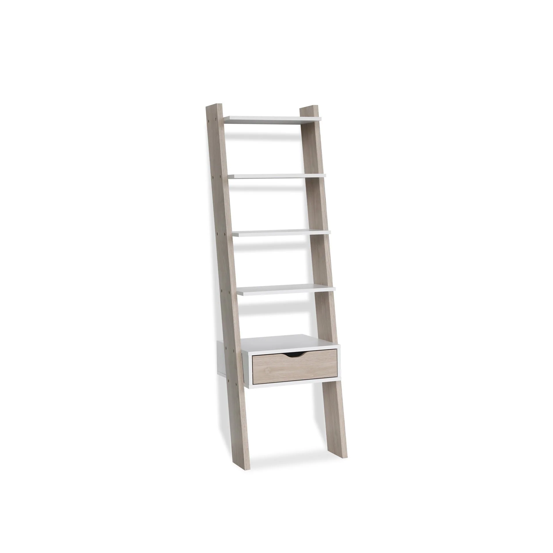 Clive 5 Tier Ladder Shelf with Drawer - Walnut + White - Image 8