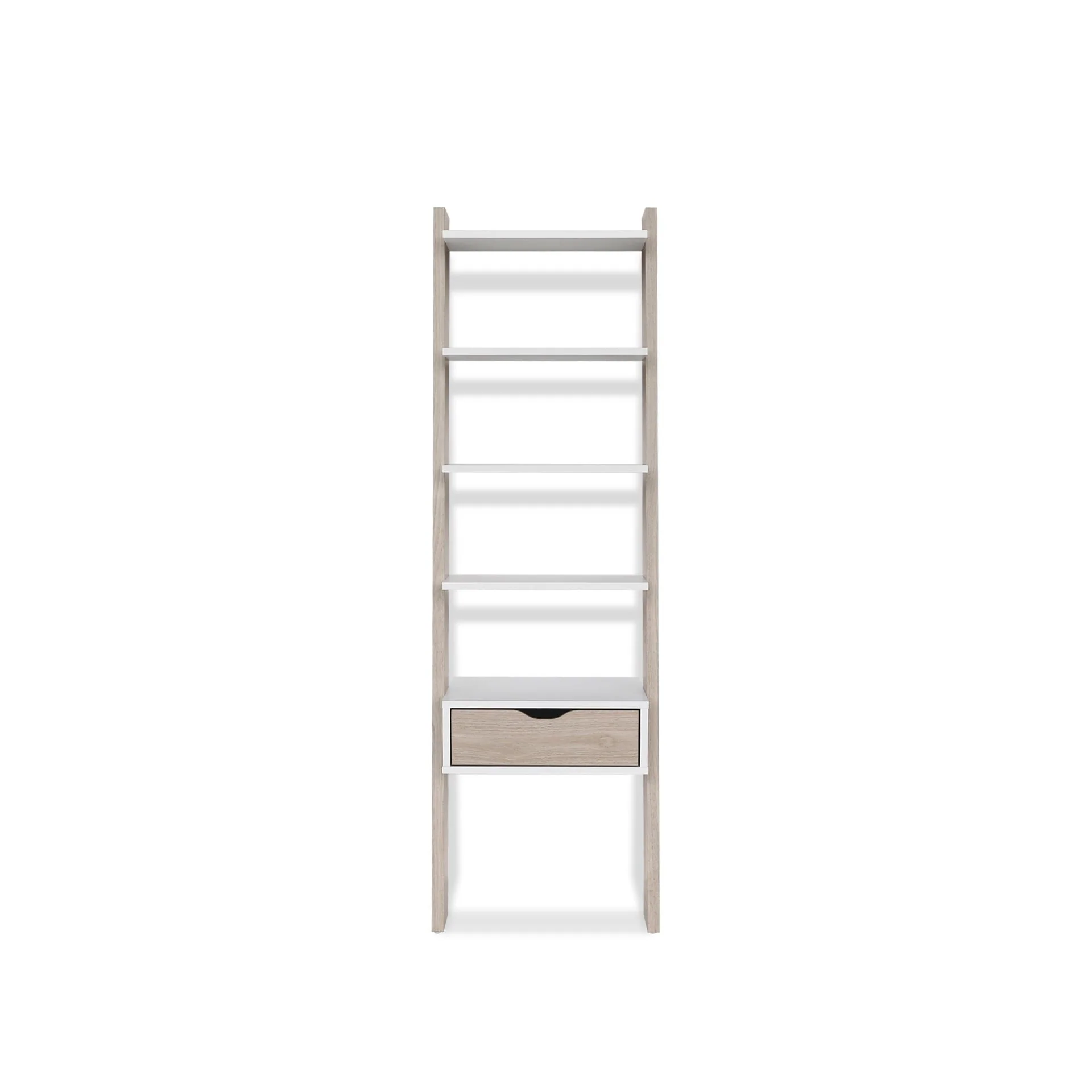 Clive 5 Tier Ladder Shelf with Drawer - Walnut + White - Image 9