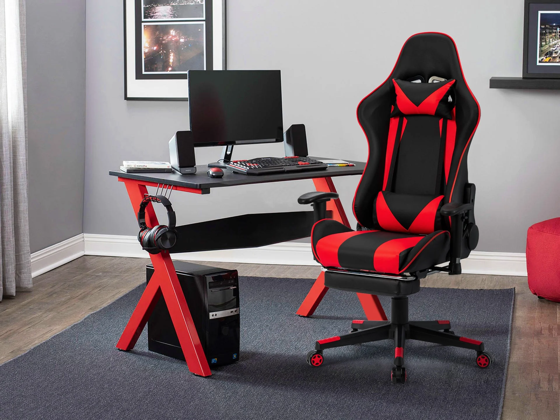 Detroit Gaming Chair with Footrest - Black + Red - Image 2