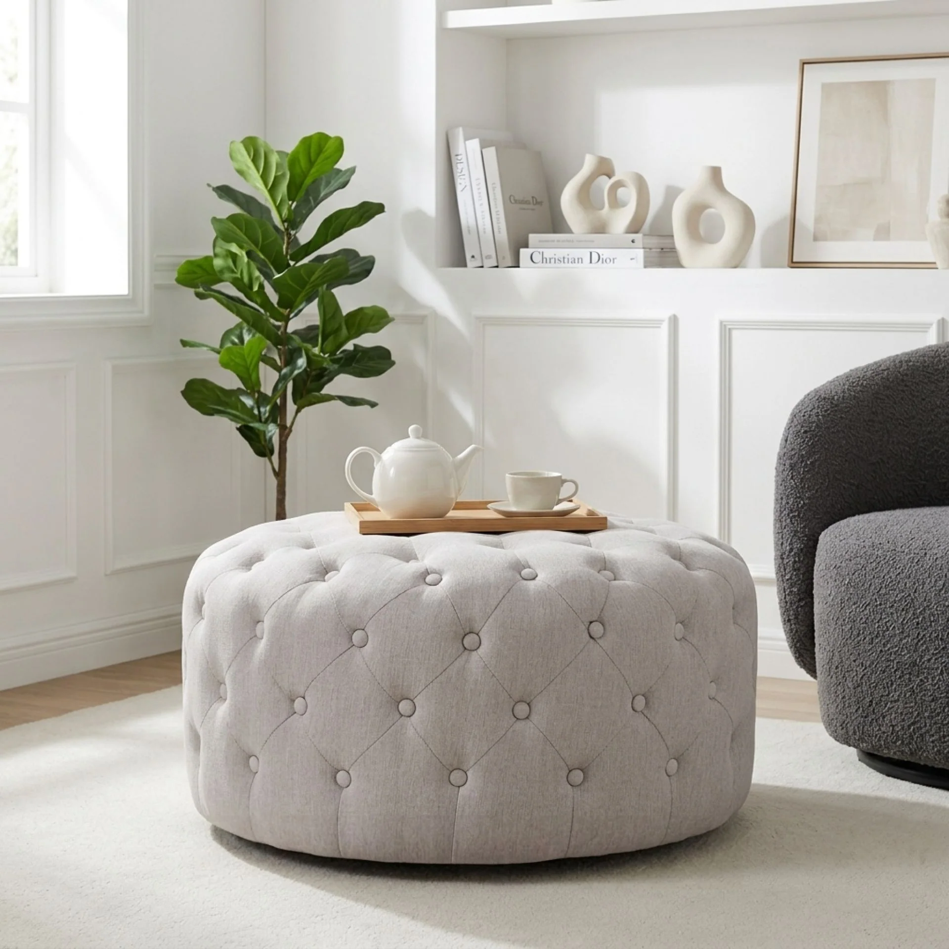Disk Linen Ottoman - Light Grey