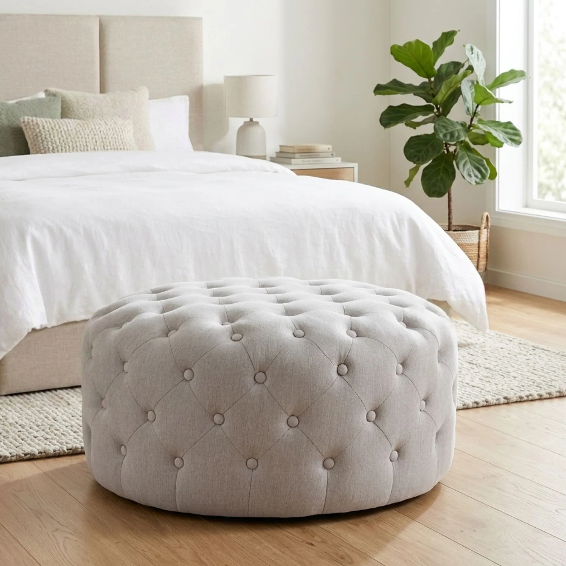 Disk Linen Ottoman - Light Grey - Image 5