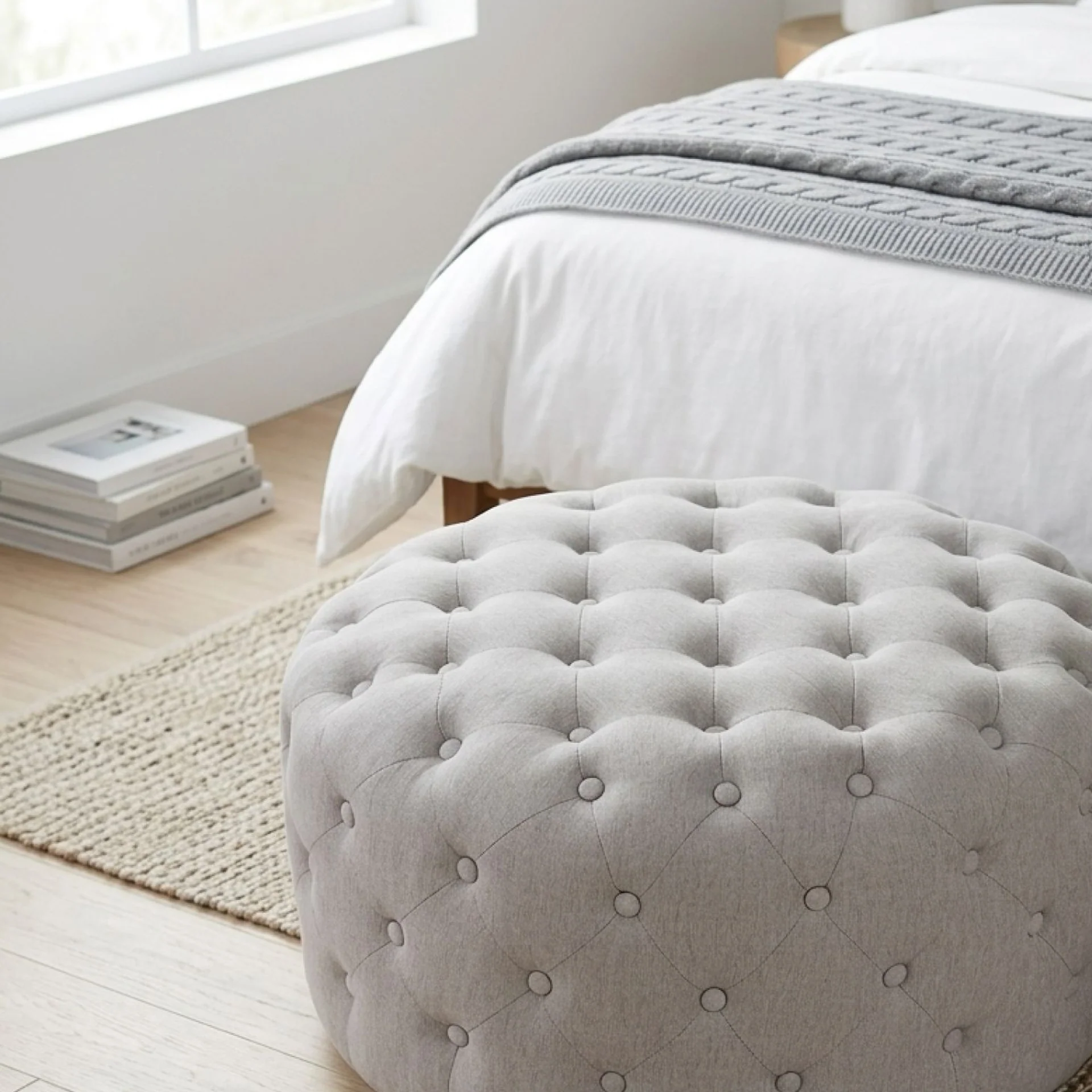 Disk Linen Ottoman - Light Grey - Image 6